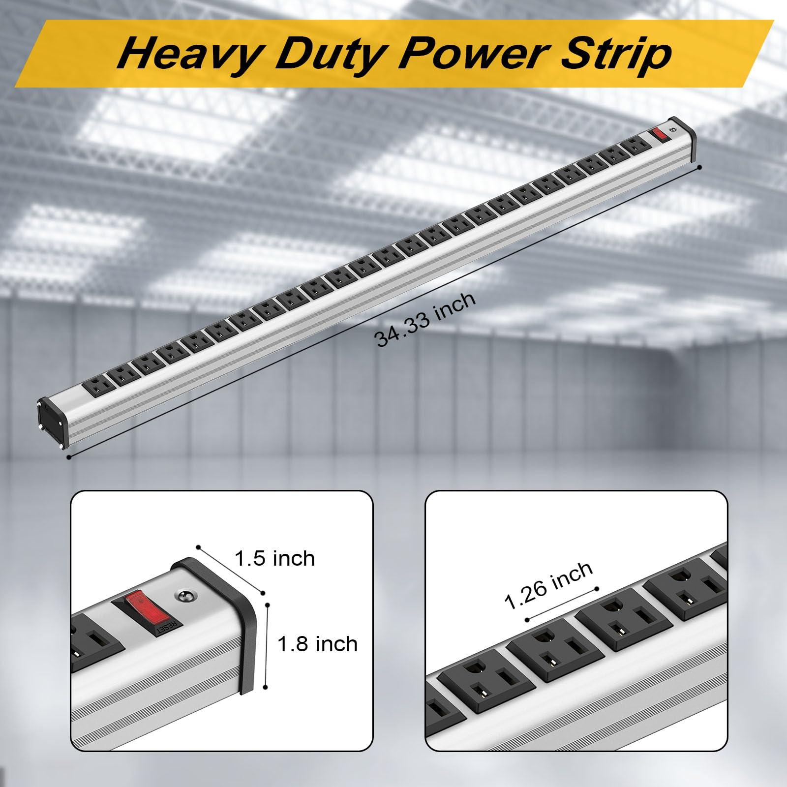 Kungfuking Long Power Strip 24-Outlet ETL Certified Heavy Duty Metal Power Strip 10 ft Extension Cord with Multiple Outlets Garage Workshop Commercial Industrial Power Strip