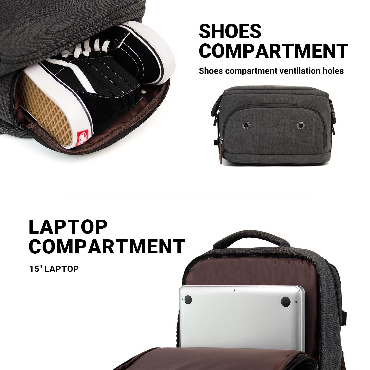 KAUKKO KAUKKO Canvas Travel Backpack, Personal Item Airline Approved, Carry On Backpack with Multi-Pockets and Shoe Pouch, fit 15.6 inch Laptop, 40L Weekender Bag, 11-BLACK