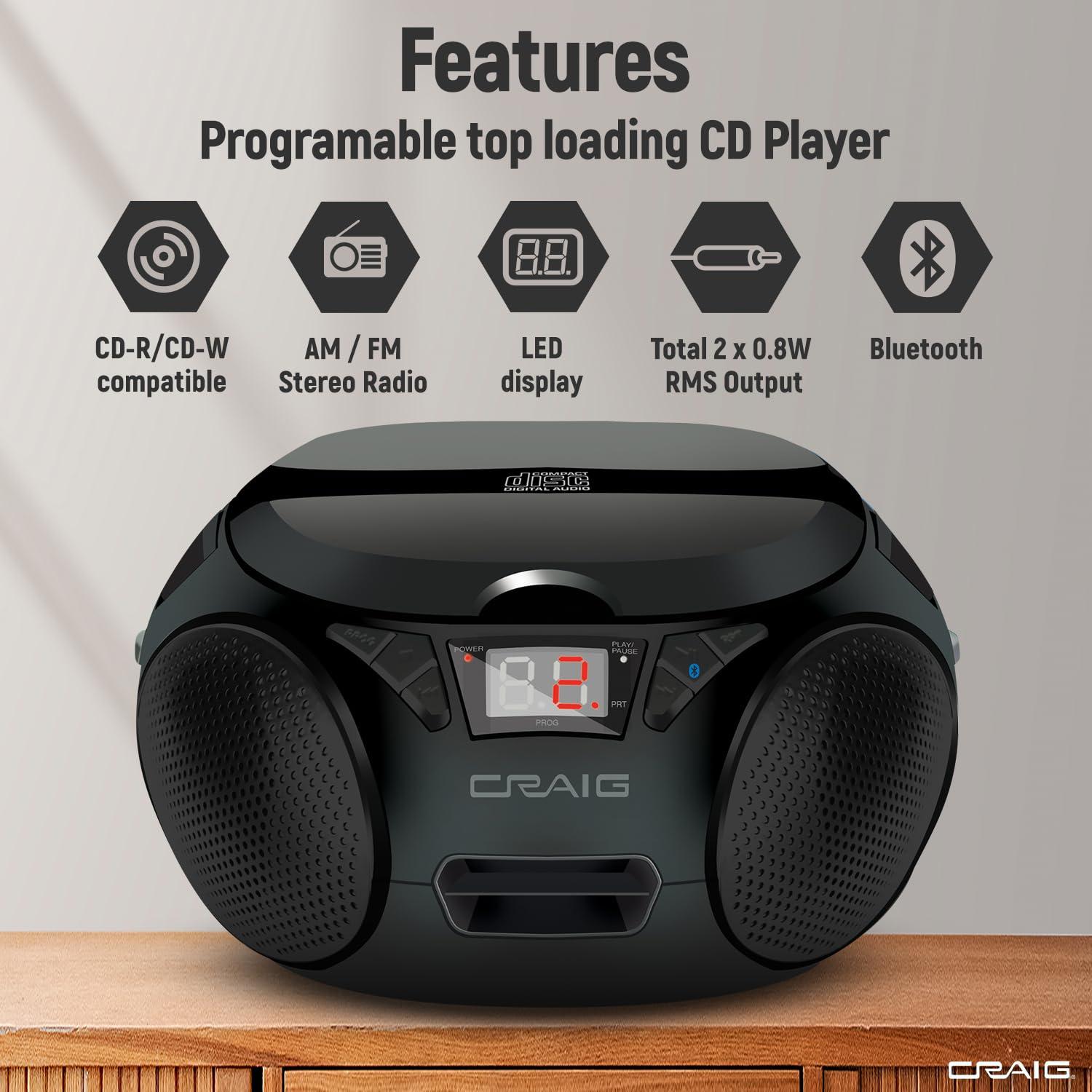 Craig |Craig CD6925 Portable Top-Loading Stereo CD Boombox with AM/FM Stereo Radio | Bluetooth Wireless (Black, Bluetooth) | No Headphone Jack | 3.5mm Aux Input