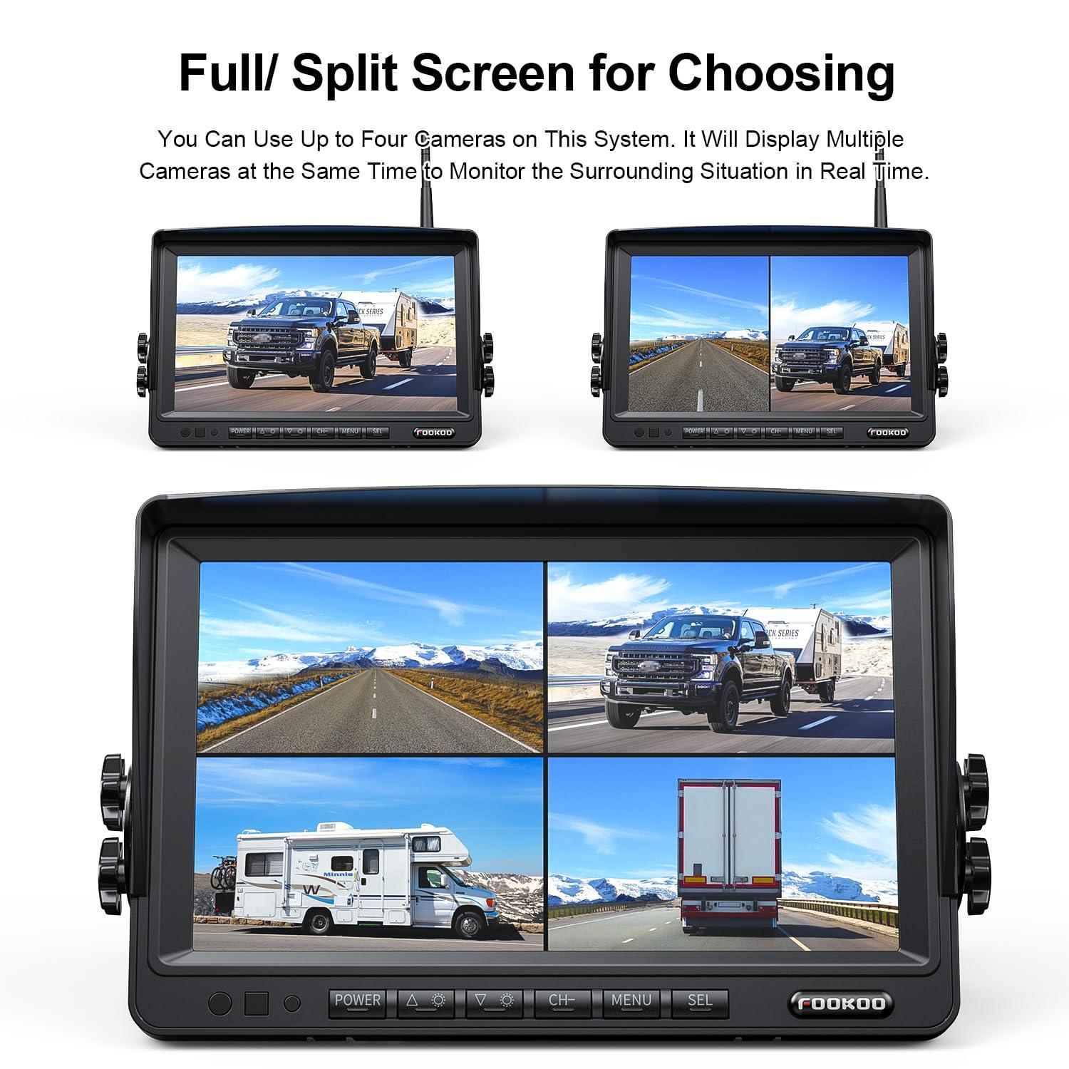 Fookoo Fookoo 1080P 7" Wireless Backup Camera System, 7" HD Dual/Quad Split Monitor with Recording, IP69 Waterproof Rear View Front View Cameras with Parking Lines, Suits for RV/Truck/Trailer/Van/Bus(DW702)