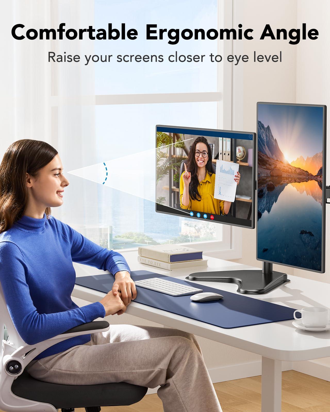 HUANUO HUANUO 32 inches Dual Monitor Stand up to 17.6lbs per Arm, High-Grade Aluminum Free-Standing Dual Monitor Mount for 2 Screens. Fully Adjustable Dual Monitor Stand for Desk with Tilt, Swivel, Rotation