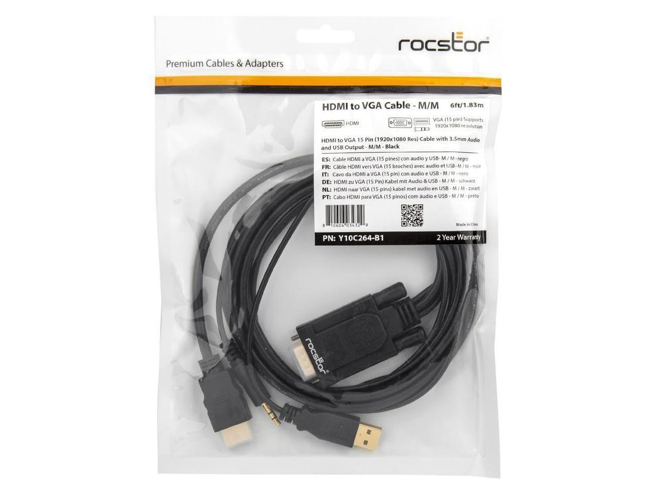 Rocstor Rocstor Premium 6ft VGA to HDMI Converter Cable with Power and Audio Support M/M - Compatible with Computers, pc, Desktop, Laptop, Ultrabook, Notebook, Chromebook, Roku, PS3 & 4, Xbox One, Xbox 36