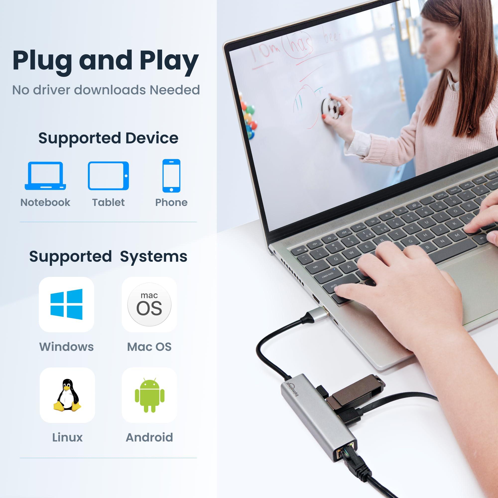eqimaimai USB to Ethernet Adapter,USB Hub with Ethernet,USB 3.0 Hub with RJ45,USB A to Ethernet with USB 3.0 Ports,USB Hub with 1GB RJ45 Ethernet,Compatible with Windows,Mac OS,Linux,and More