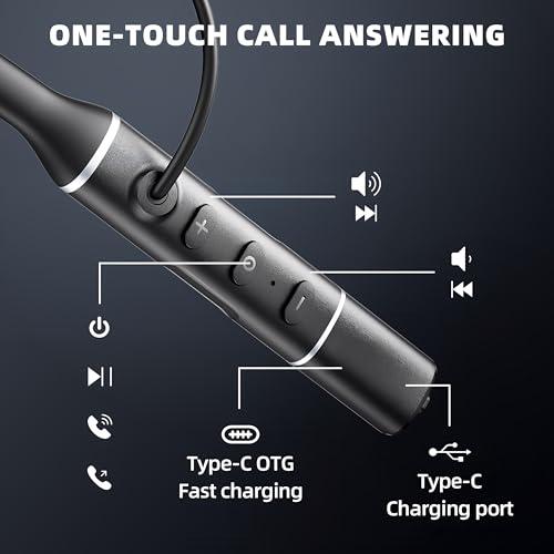 Promise A12 Neckband Bluetooth 5.3 Earbuds - 60H Playtime, Built-in OTG Fast Charger, Lightweight Memory Steel, Type-C Adapter, Noise-Isolating Earphones for Sports, Gaming & Calls