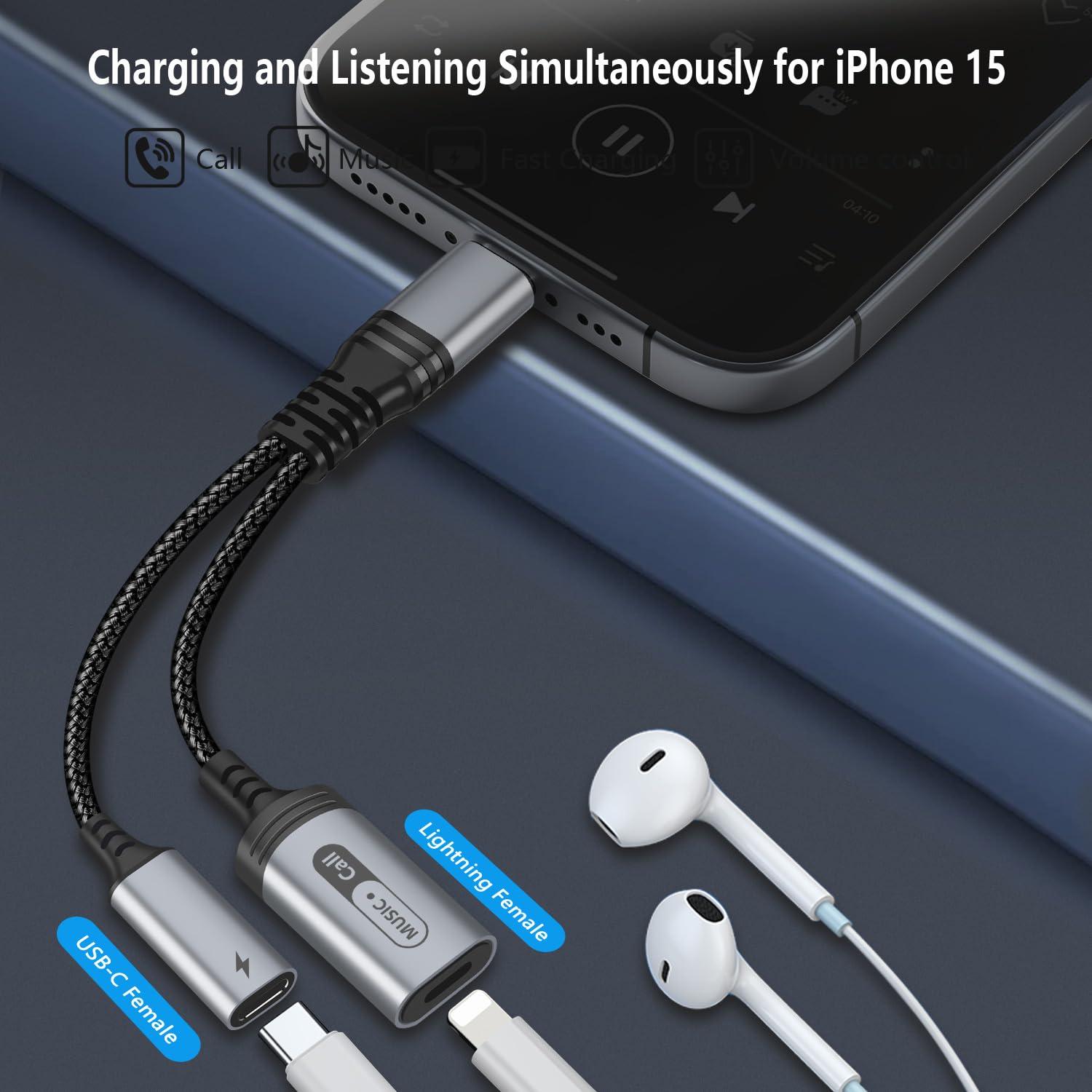 LecLooc USB C to Lightning Audio and Charge Adapter for iPhone 16 15 Pro, USB Type C Male to Female Lightning Headphone & Type C Charge Converter Fit with i-Pad Pro, MacBook,Galaxy S24 23 S22, Pixel 9 8 7