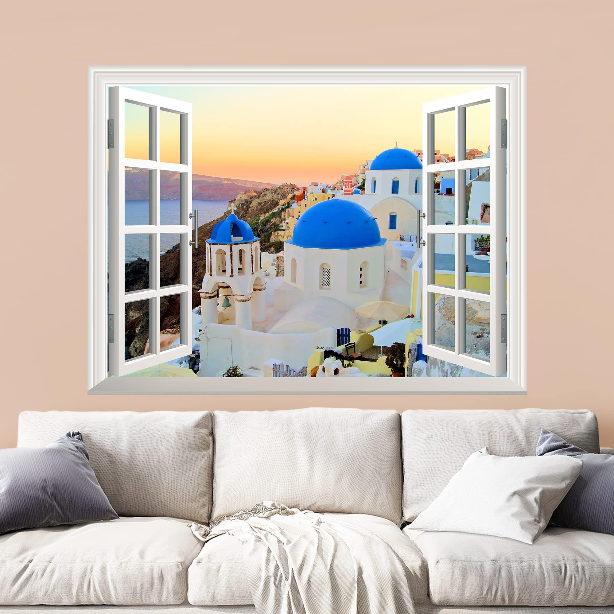 wall26 wall26 Removable Wall Sticker/Wall Mural - Sunset View of The Blue Dome Churches of Santorini, Greece | Creative Window View Home Decor/Wall Decor - 36\"x48\"