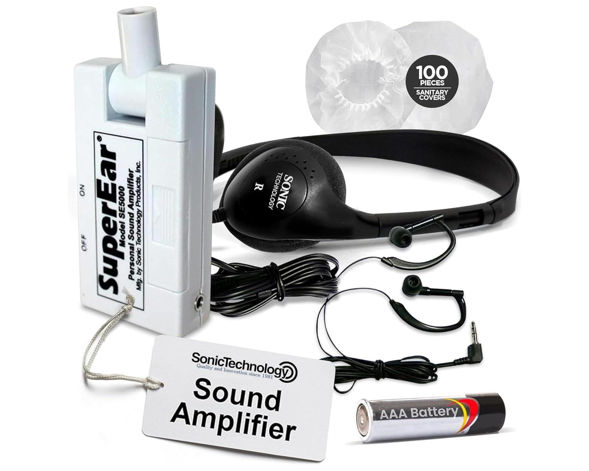 SuperEar SuperEar Bundle: Personal Sound Amplifier Model SE5000 (PSAP) Pocket-Size Audio Amplifier with Headphones and Earbuds for Listening Assist & 50 Pair, 2.5" Disposable Sanitary Ear Covers for Hygiene