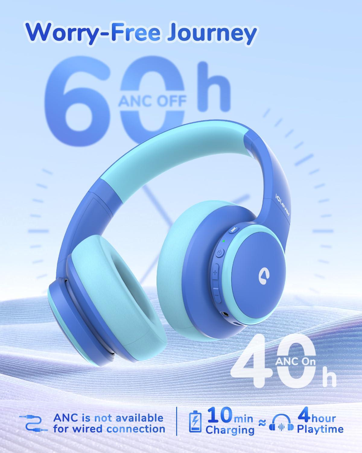 iClever iClever BTH26 Active Noise Cancelling Headphones for Kids, 60H Play Time, Safe Volume 80dBA, Type C Fast Charging, Bluetooth5.4, Kids Bluetooth Headphones with Mic AUX Cord for iPad Airplane, Blue