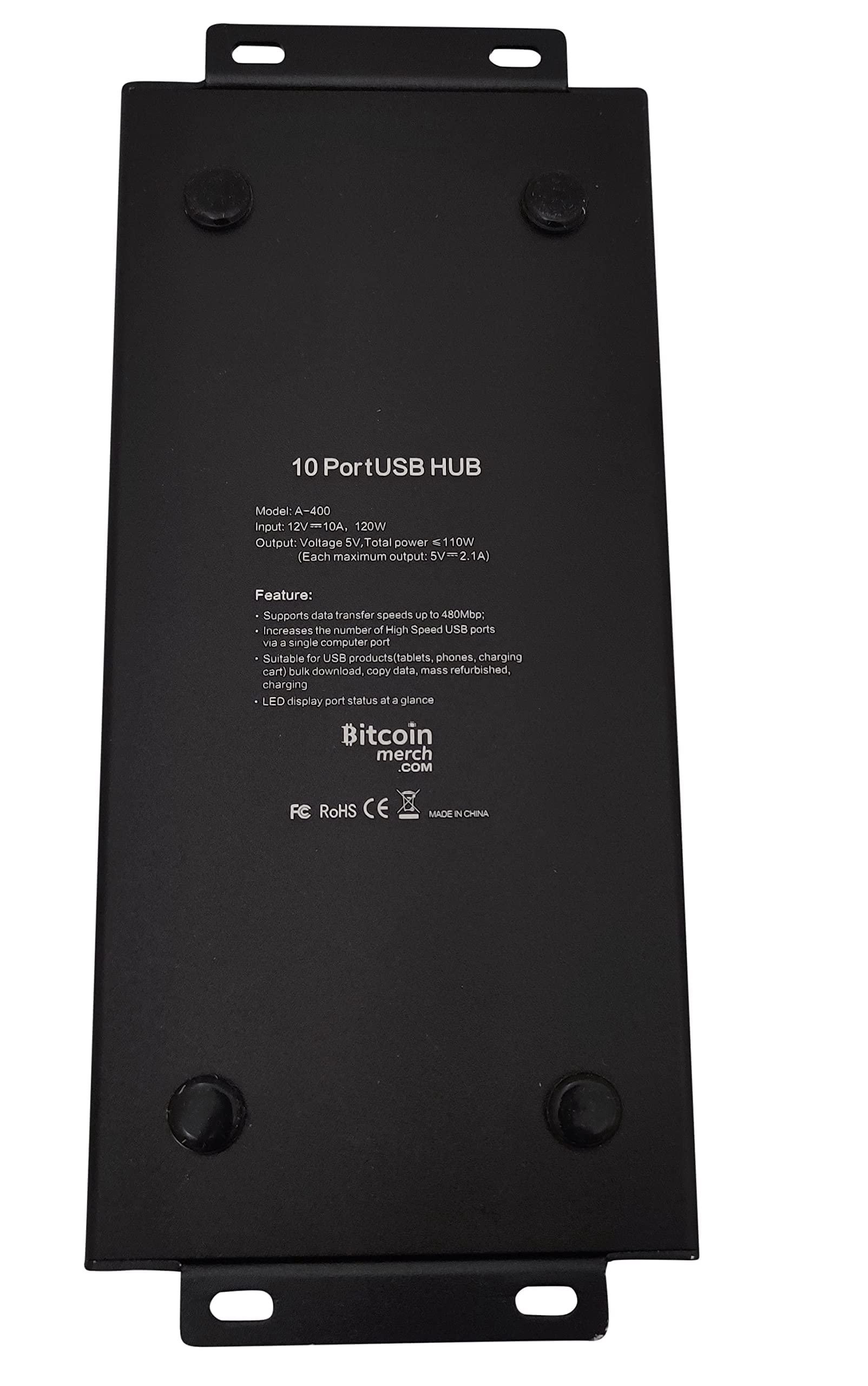 Bitcoin Merch BitcoinMerch.com - 10 Port USB Hub 120W Powered USB 2.0 Charging Hub 12V 10A PSU for NewpPac, Antminer, Moonlander