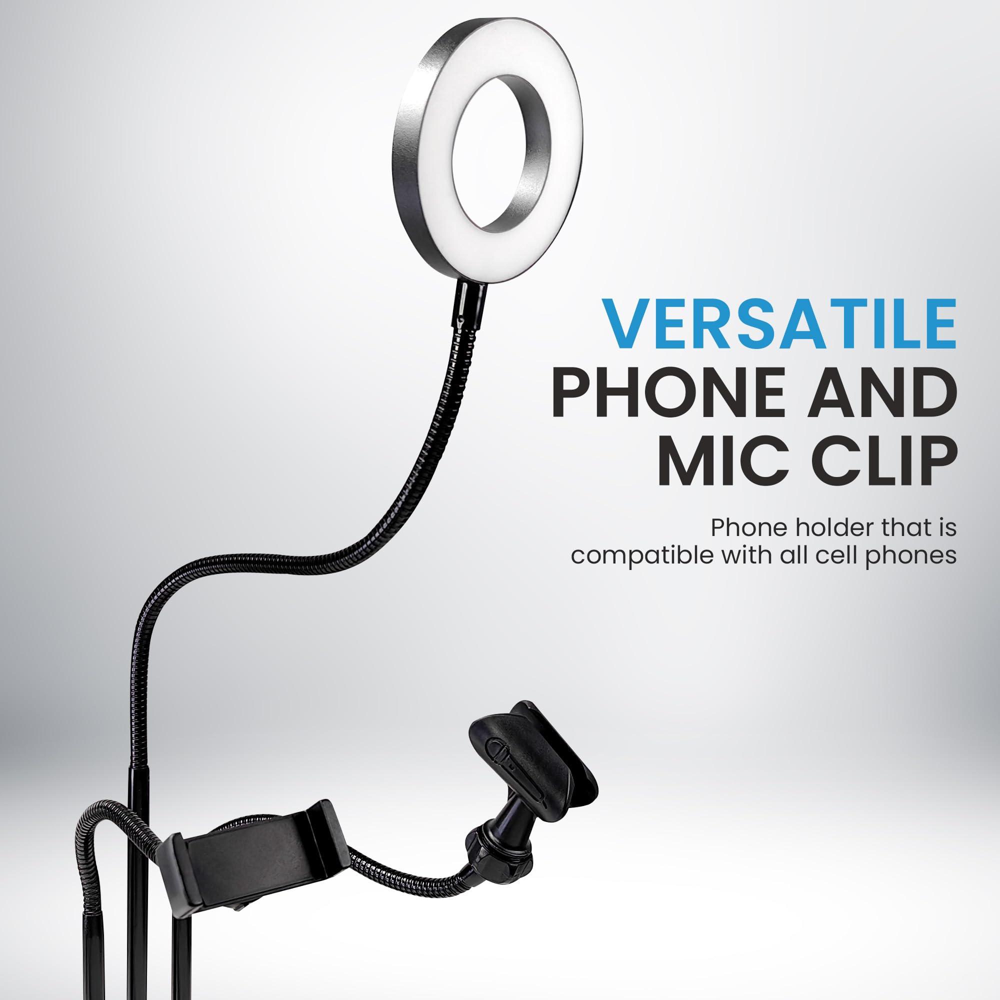 IDANCE iDance LED Ring Light with Stand, 3.5", Portable Desk Ring Light with Cell Phone Mount, Microphone Holder and Tripod for Laptop, Selfie, USB Powered & Remote with Foldable & Adjustable Stand