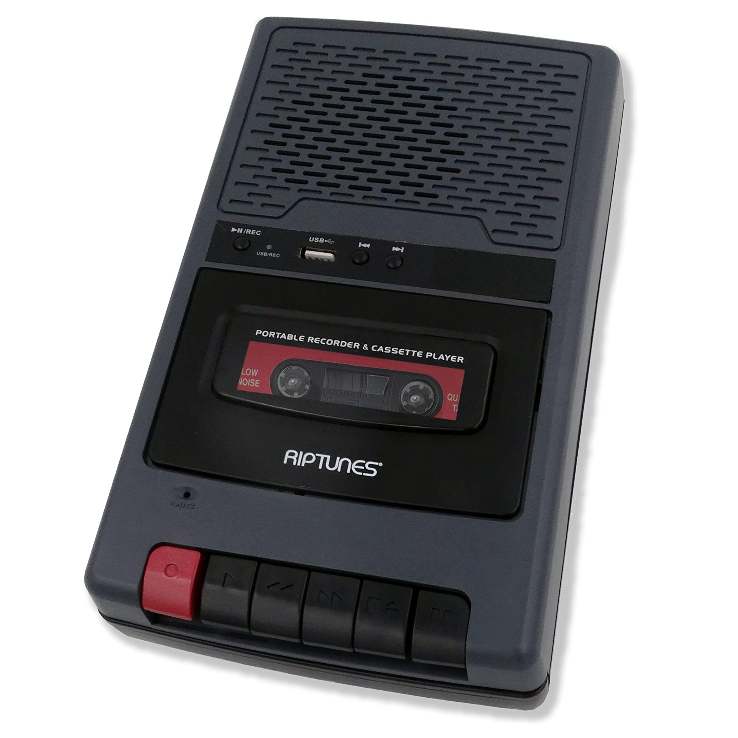 Riptunes Riptunes Portable Cassette Recorder Player, Tape to USB Audio Music Digital Converter, Retro Shoebox Tape Recorder with USB Player, Cassette-MP3 Converter w/Built-in Microphone -Grey