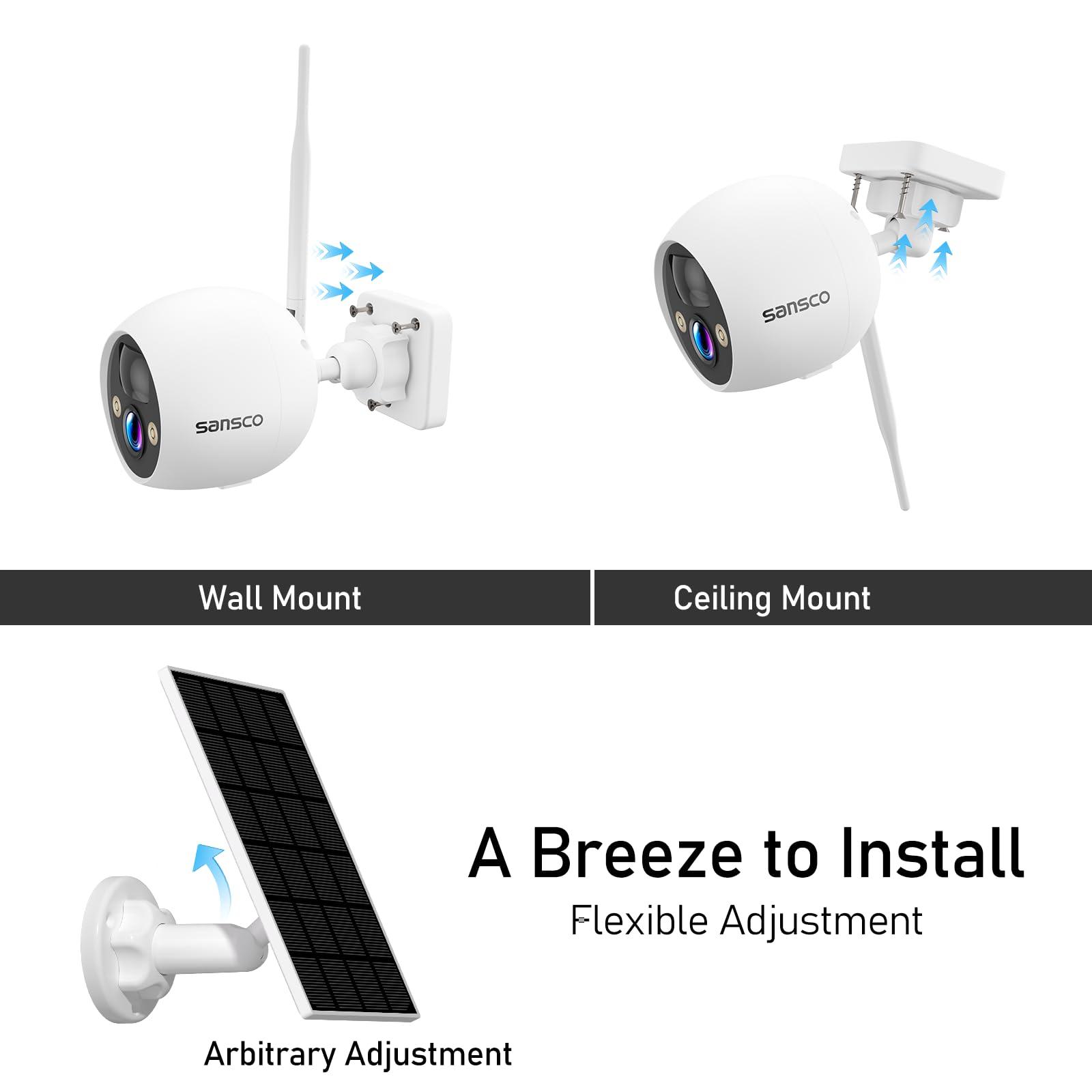 SANSCO [True Wire-Free] SANSCO Wireless Battery Powered Security Camera System with Solar Panels & 500GB HDD, 10 Channel 2K NVR Recorder, (4) 4MP Outdoor WiFi IP Cameras, 2 Way Audio, PIR Smart Detection