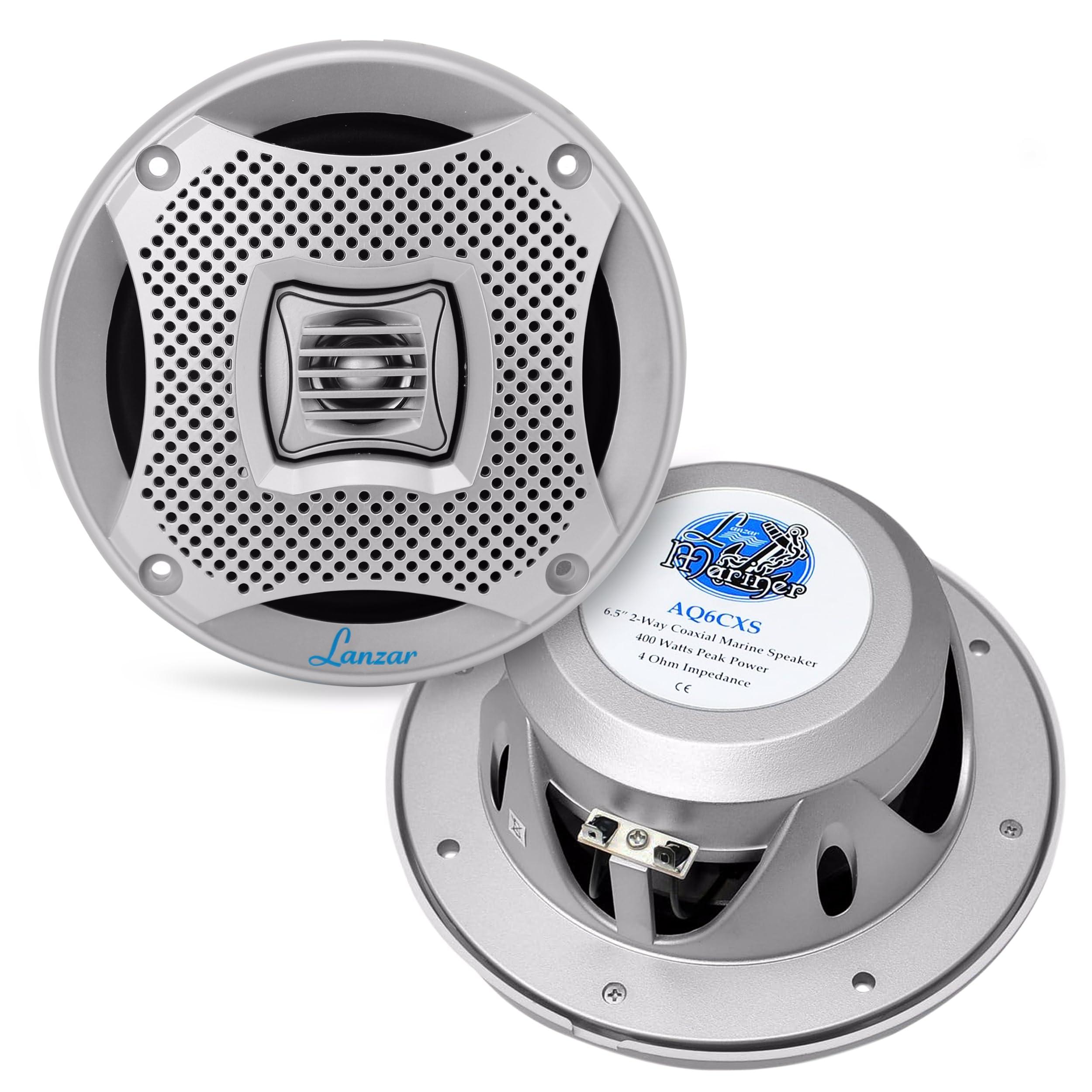 LANZAR LANZAR 6.25 Inch Marine Speakers - 2 Way Water Resistant Audio Stereo Sound System with 400 Watt Power, Attachable Grills and Resin Treatment for Indoor and Outdoor Use - 1 Pair - AQ6CXS (Silver)