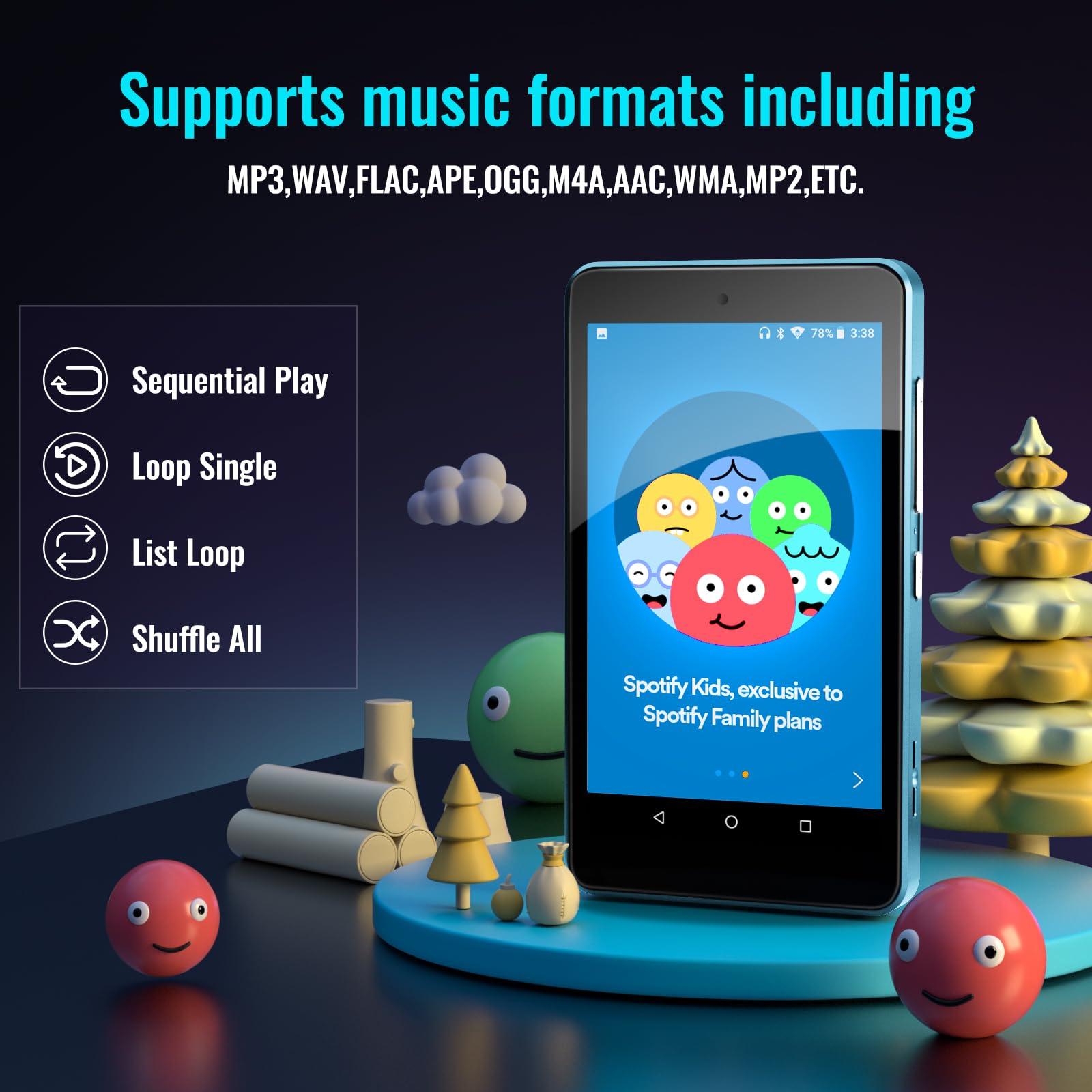 Luoran Kids MP3 Player with Parental Controls, Spotify Kids, Spotify, Audible, Amazon Music, 4.0\" IPS MP4 Music Player Up to 256GB (Blue)