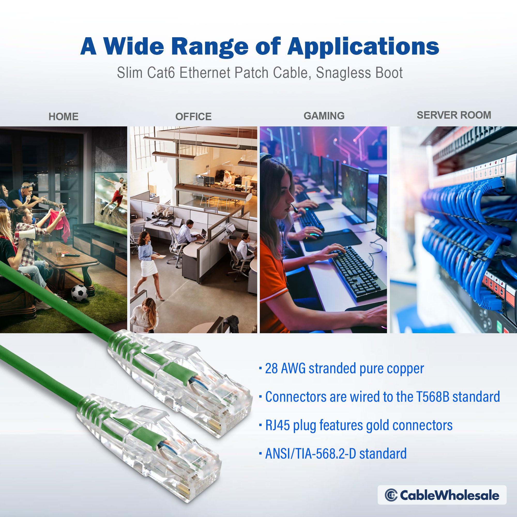 CableWholesale CableWholesale Cat6 Slim Ethernet Patch Cable, 28AWG, ETL Approved, RJ45 Gold Plate Connector Snagless/Boot Unshielded Twisted Pair (UTP), Internet Network Patch Cable, Green, 15 Foot