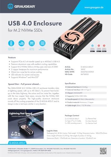 GRAUGEAR GRAUGEAR 40Gbps M.2 NVMe SSD Enclosure, USB4 NVMe SSD Enclosure with Cooling Fan and Dual-Pipe Heatsink Aluminum, Thunderbolt 4/3, ASM2464PD Chip