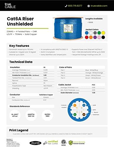 TRUE CABLE trueCABLE Cat6A Riser (CMR), 1000ft, Black, 23AWG 4 Pair Solid Bare Copper, 750MHz, PoE++ (4PPoE), ETL Listed, Unshielded Twisted Pair (UTP), Bulk Ethernet Cable