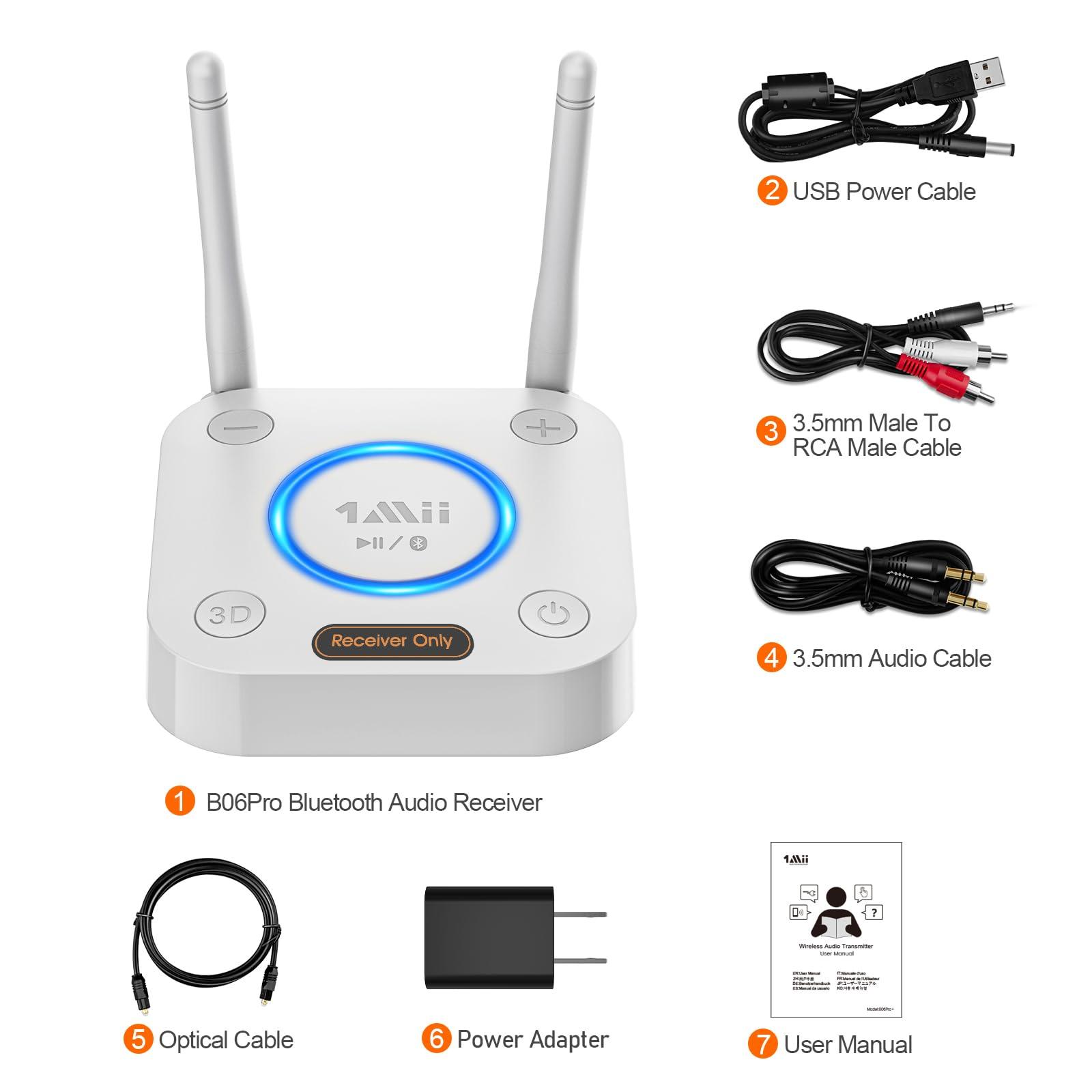 1Mii [Upgraded] 1Mii Bluetooth 5.1 Receiver, Long Range HiFi Bluetooth Audio Adapter w/ 3D Surround aptX HD Low Latency, Optical RCA AUX 3.5mm Coaxial for Home Stereo System - B06Pro Grey