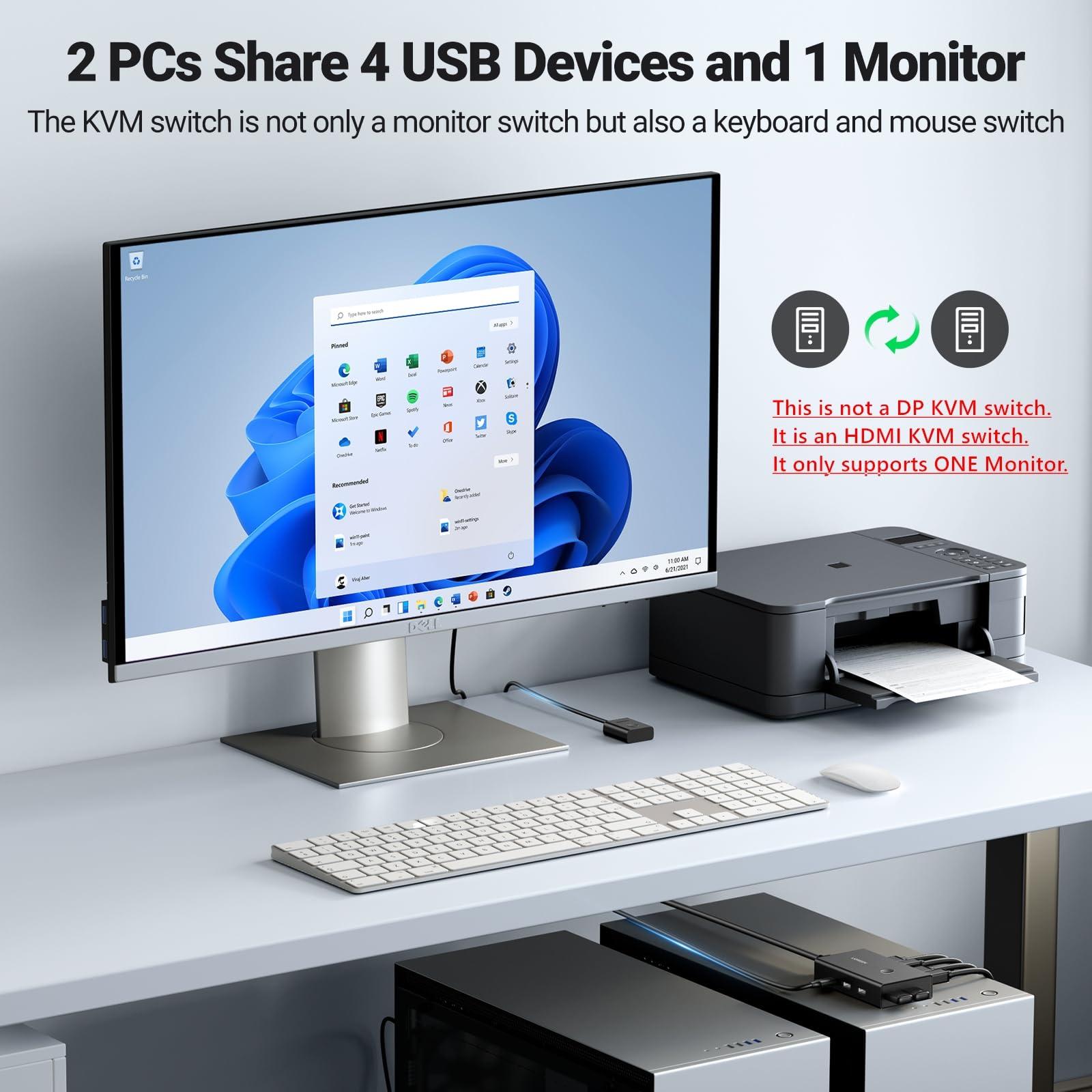 UGREEN UGREEN HDMI KVM Switch 1 Monitor 2 Computers, with 4 USB Ports, KVM Switches for Sharing One Monitor Keyboard Mouse Printer Support 4K@60Hz, Include 2 HDMI Cables, 2 USB Cables, Desktop Controller