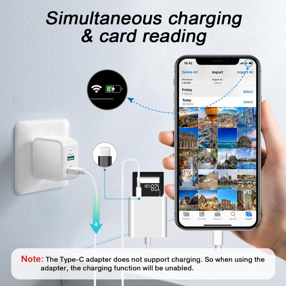 SUNTRSI SD Card Reader for iPhone iPad,Micro SD Card Reader Memory Card Reader Plug and Play Trail Camera SD Card Adapter,Simultaneous Charging and Reading