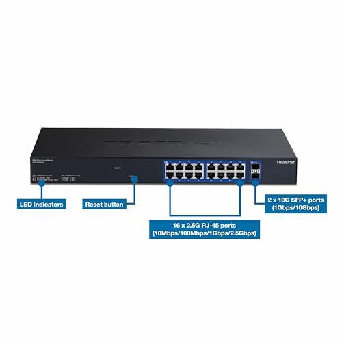 TRENDnet TRENDnet 18-Port Multi-Gig Web Smart Switch, TEG-3182WS, 16 x 2.5Gb Ports, 2 x 10Gb SFP+ Ports, NDAA TAA Compliant, Lifetime Protection, Remote Cloud Management, Black