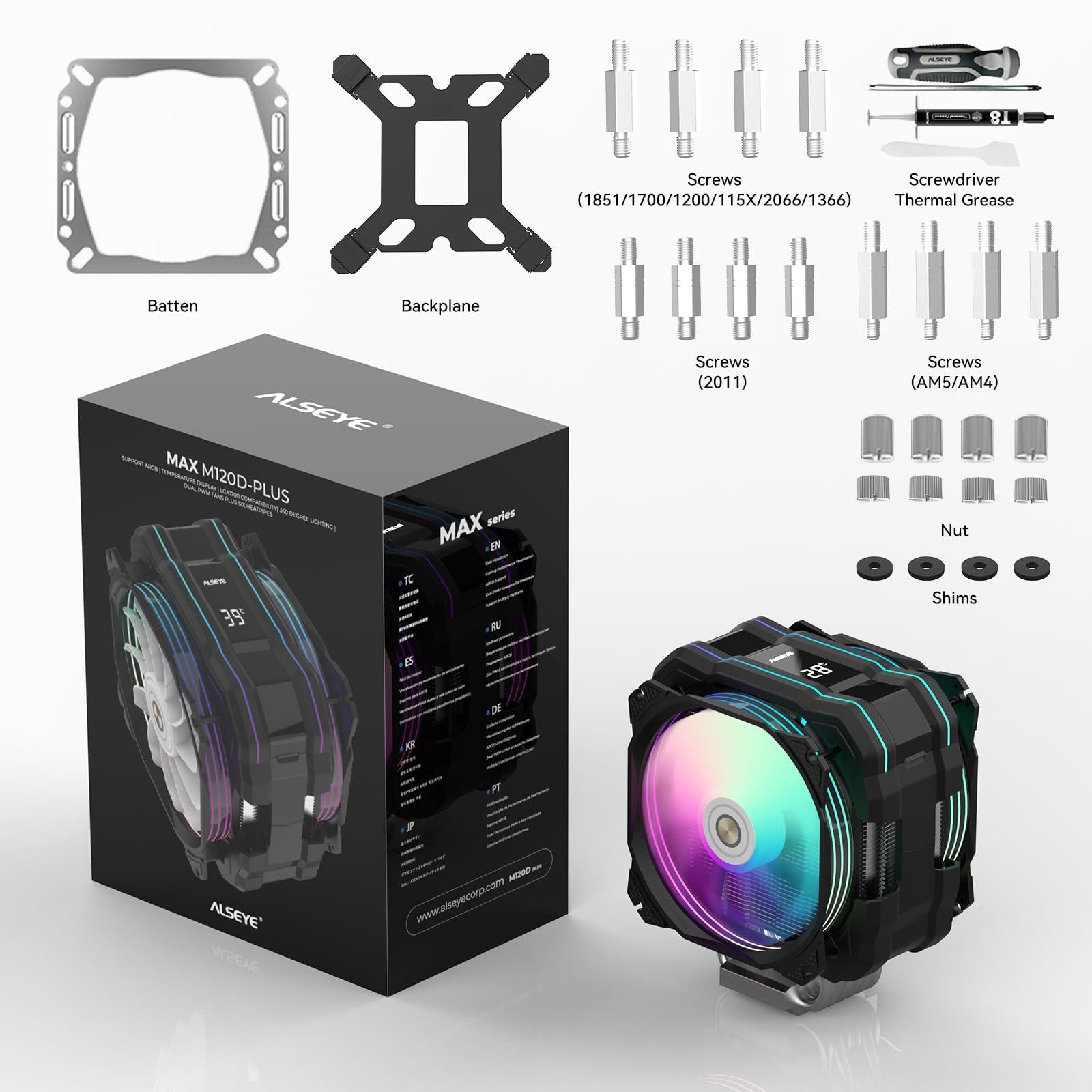 ALSEYE ALSEYE M120D Plus CPU Cooler with Temperature Display, Dual ARGB & PWM Fans, 6 Copper Heat Pipes - Compatible with Intel LGA1700/1200/115X/2011/2066/1366 and AMD AM4/AM5 - Easy Installation - White