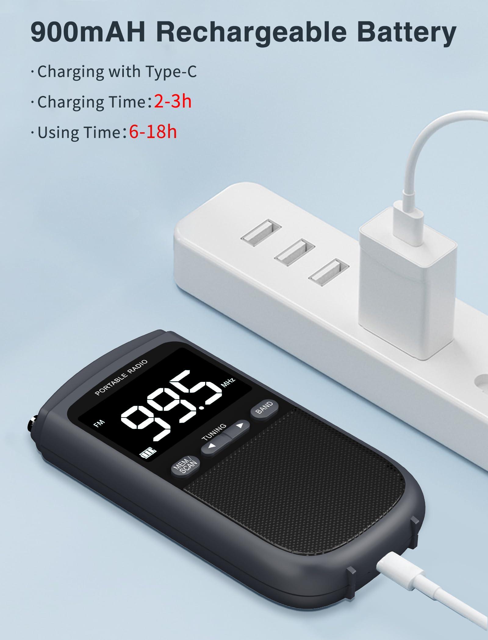 Jazmm AM FM Walkman Radio:900mAh Rechargeable Portable Transistor Pocket Radio with Best Reception Digital Tuning, LCD Screen,Stereo Earphone Jack, Sleep Timer and Alarm Clock for Jogging,Walking Grey