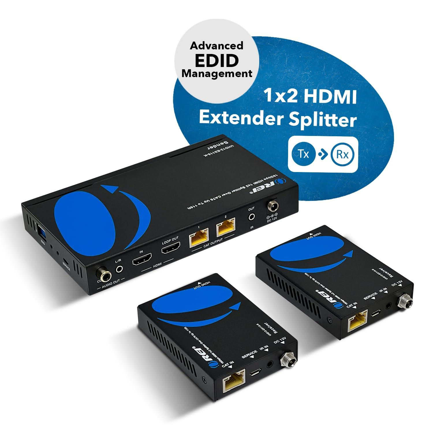 OREI OREI 1x2 HDMI Extender Splitter 4K by Multiple Over Single Cable CAT6/7 4K@60Hz 4:4:4 HDCP 2.2 with IR Remote EDID Management - Up to 115 Ft - Loop Out - Low Latency - Full Support