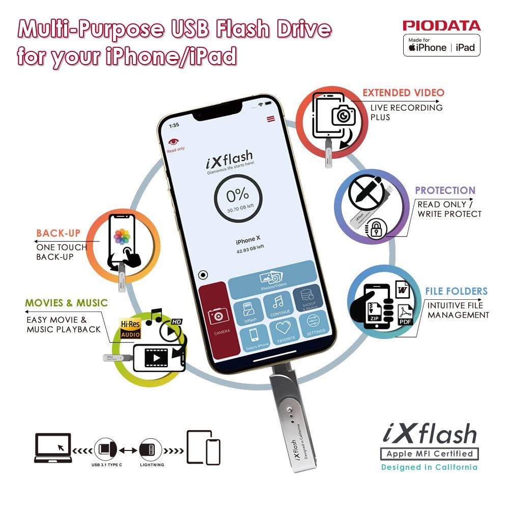 Piodata PIODATA iXflash 256GB MFi Certified Flash Pen Drive for iPhone/iPad/Mac/PC USB 3.1 Type C Lightning External Storage Memory Photo Stick