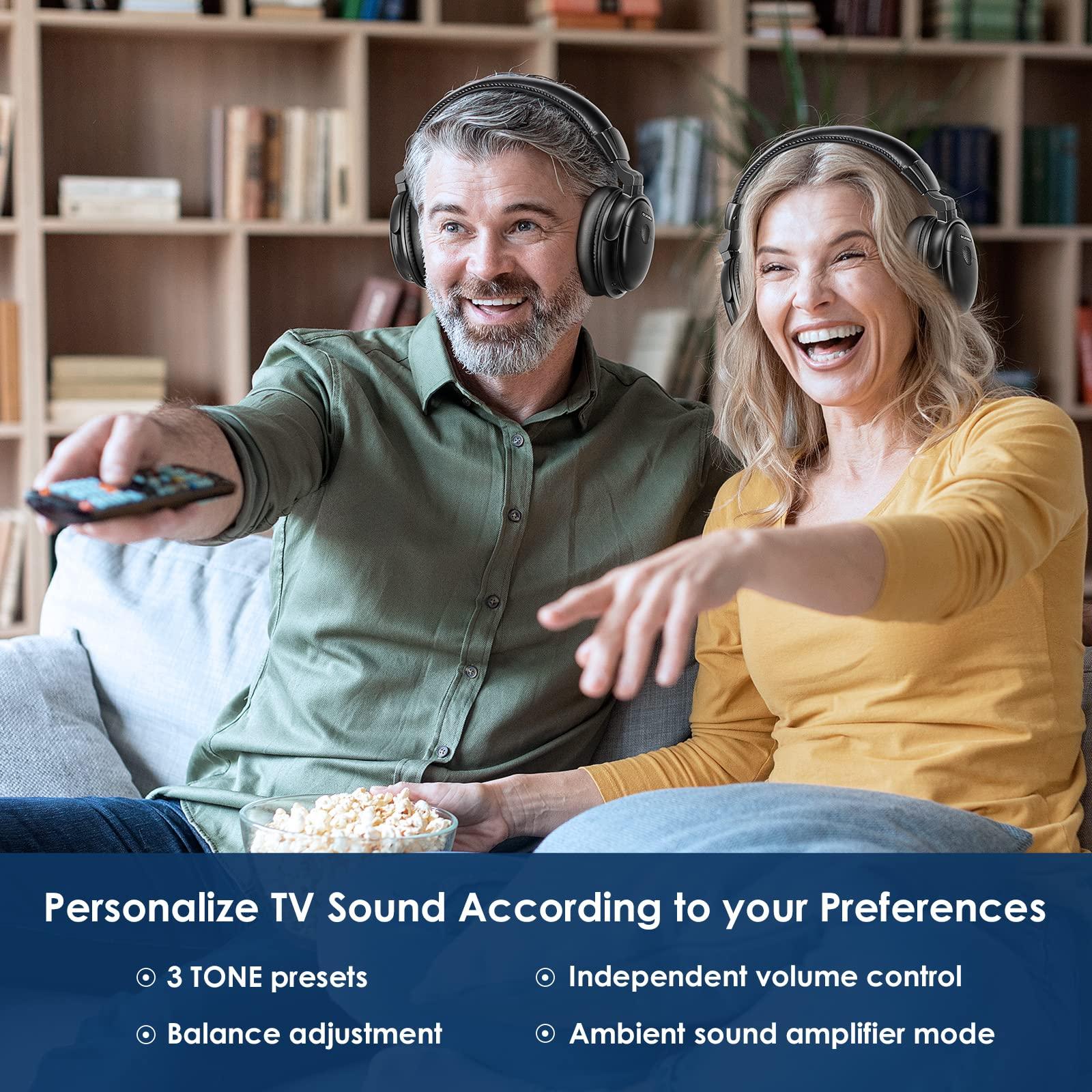 SIMOLIO SIMOLIO Dual Wireless TV Headphones with 2 Spare Batteries/Transmitter/Charging Stand 2-in-1, Wireless TV Headphones w/Dialogue Clarity & BAL & Tone Control, by-Pass, 100ft Range