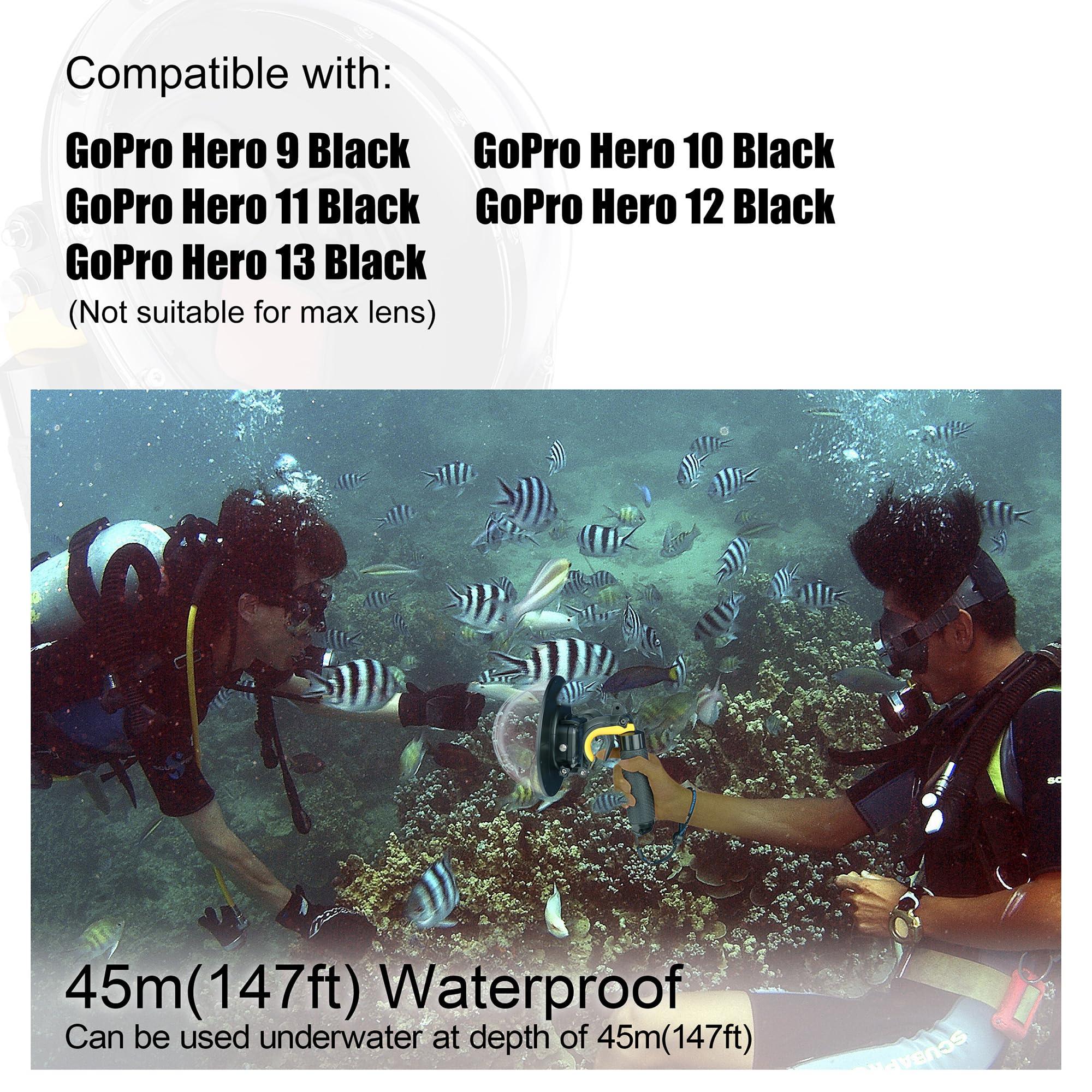 YALLSAME YALLSAME Waterproof Dome Port for GoPro Hero 13 12 11 10 9 Black with Built-in Switchable Filters, Floating Hand Grip, Trigger, Dive Snorkeling Underwater Dome Housing for GoPro 9 10 11 12 13 Black