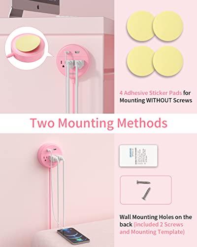 NTONPOWER Pink Extension Cord 15ft, NTONPOWER Flat Plug Power Strip with Long Extension Cord, 3 Outlet 2 USB Desktop Charging Station Wall Mount for Home, Dorm Room, Office and Nightstand, ETL Listed
