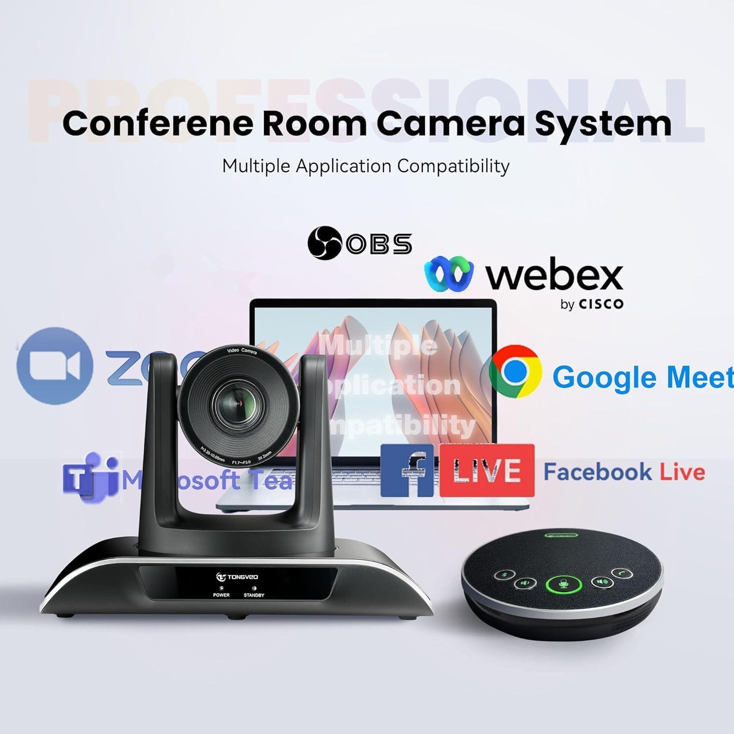 TONGVEO TONGVEO All-in-One Conference Room Video Camera System Bundle HD 1080P 60fps 3X Optical Zoom USB3.0 HDMI PTZ Camera and Bluetooth Conference Speakerphone with Microphones