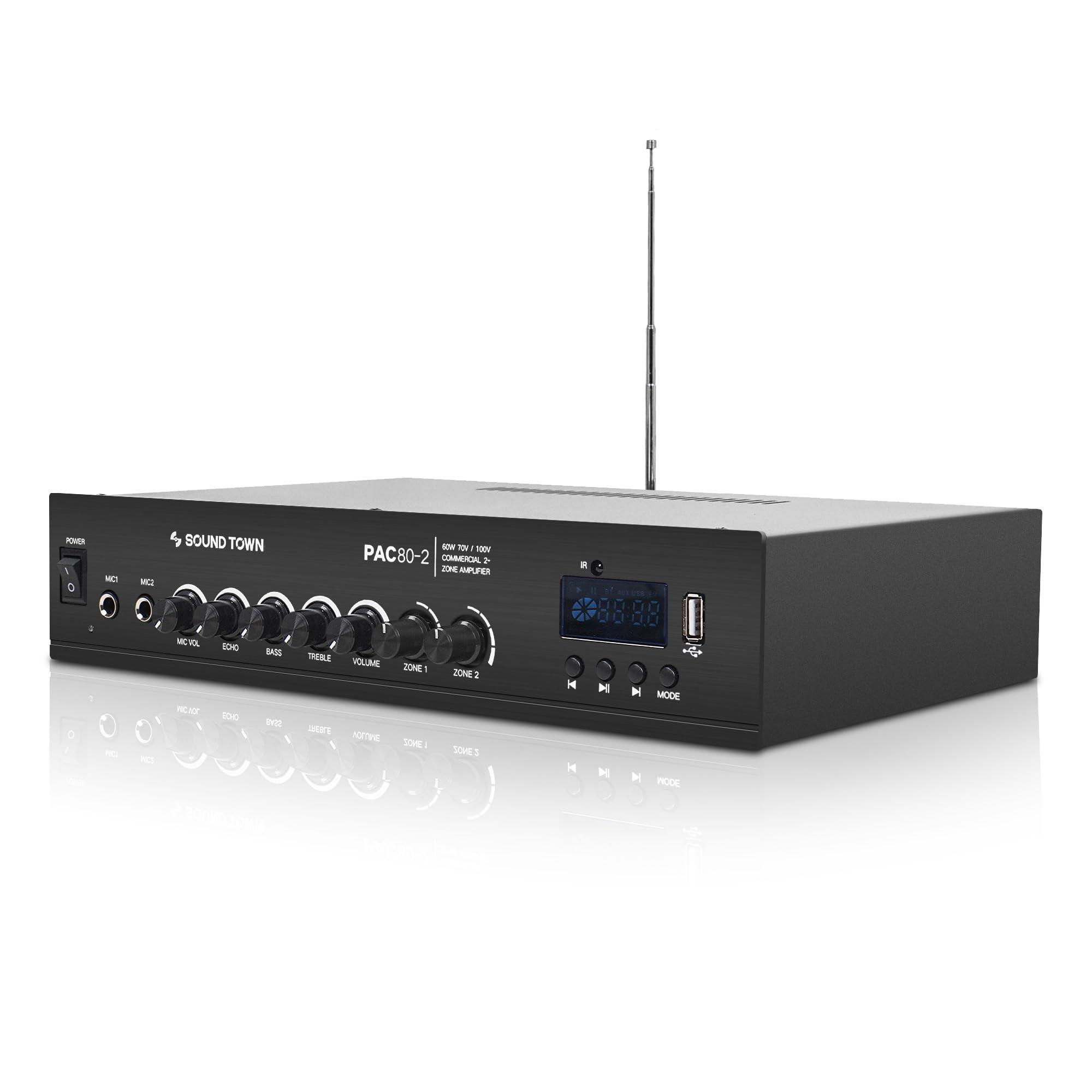 Sound Town Sound Town 60W 2-Zone 70V/100V Commerical Power Amplifier with Bluetooth, Aluminum, for Restaurants, Lounges, Bars, Pubs, Schools and Warehouse (PAC80-2)