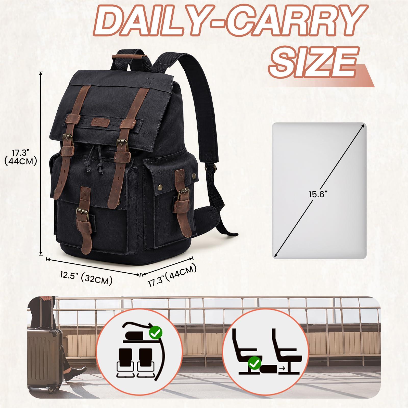 Kattee Kattee Mens Leather Canvas Backpack Large School Bag Travel Rucksack Black