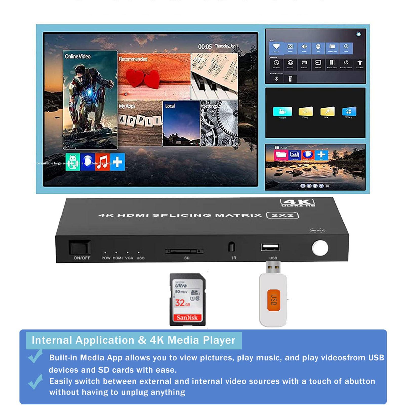 DUOMEIZHONG 4-in4-out Video Wall Controller 2x2, HDMI & VGA & USB & SD Support 4K Input TV Wall Controller,1080P Output TV Wall Processor,180 Degree Rotate 1x2,1x3,1x4,2x2,2x1,3x1x4x1