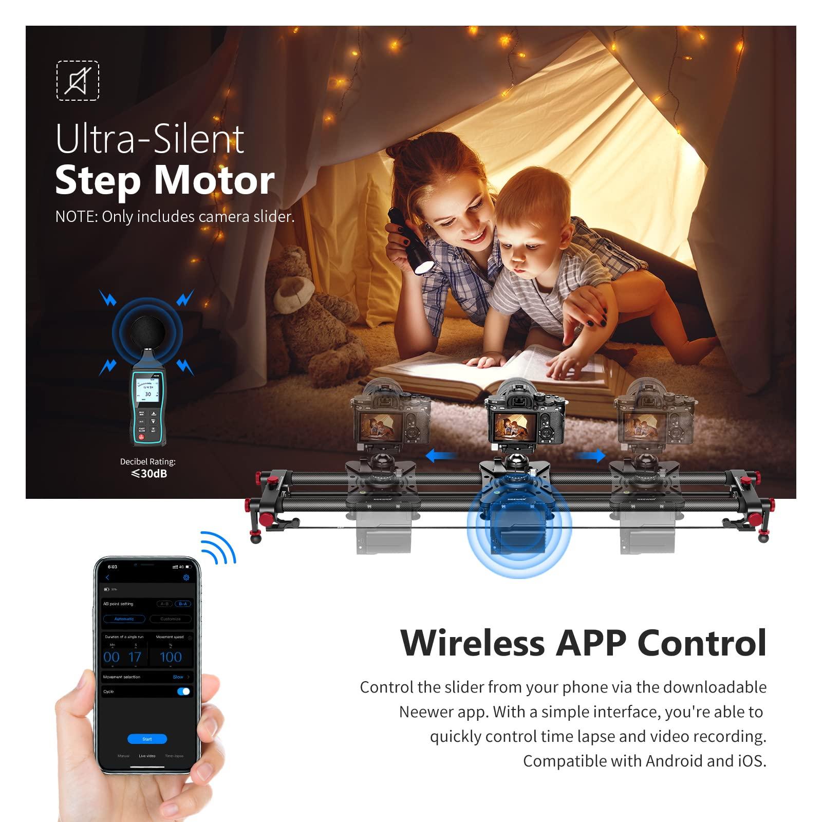 NEEWER NEEWER 39.4/100cm Motorized Camera Slider, App Wireless Control Carbon Fiber Dolly Rail Slider, Support Video Mode, Time Lapse Photography, Horizontal, Tracking and 120 Panoramic Shooting (ER1-100)