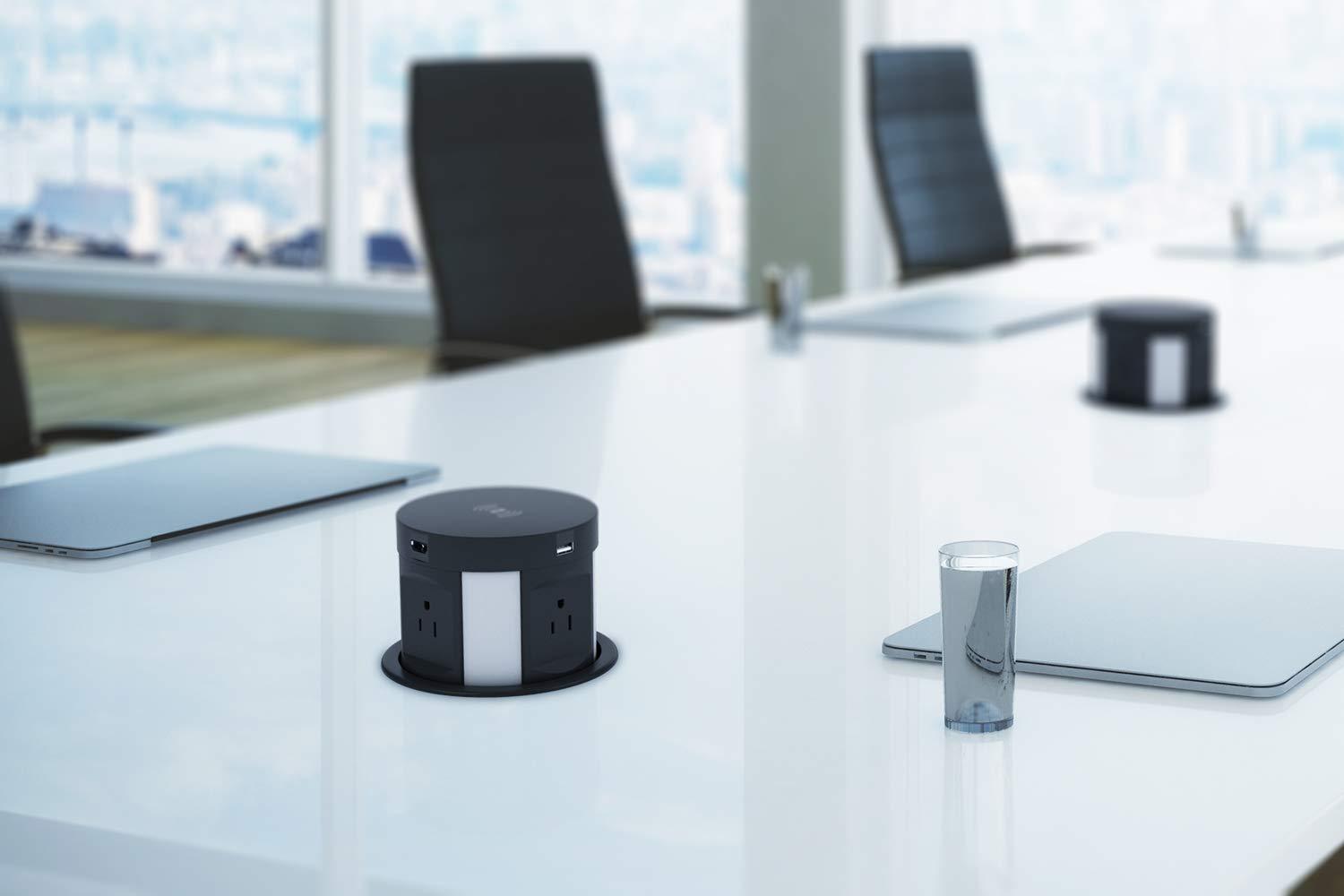 Kungfuking Automatic Pop Up Outlet Surge Protector Retractable Hidden Recessed Power Strip Power Socket with Wireless Charger USB Charging Station, 4US Plug+2USB+1RJ45 Port+1HDMI Port for Ofiice Conference