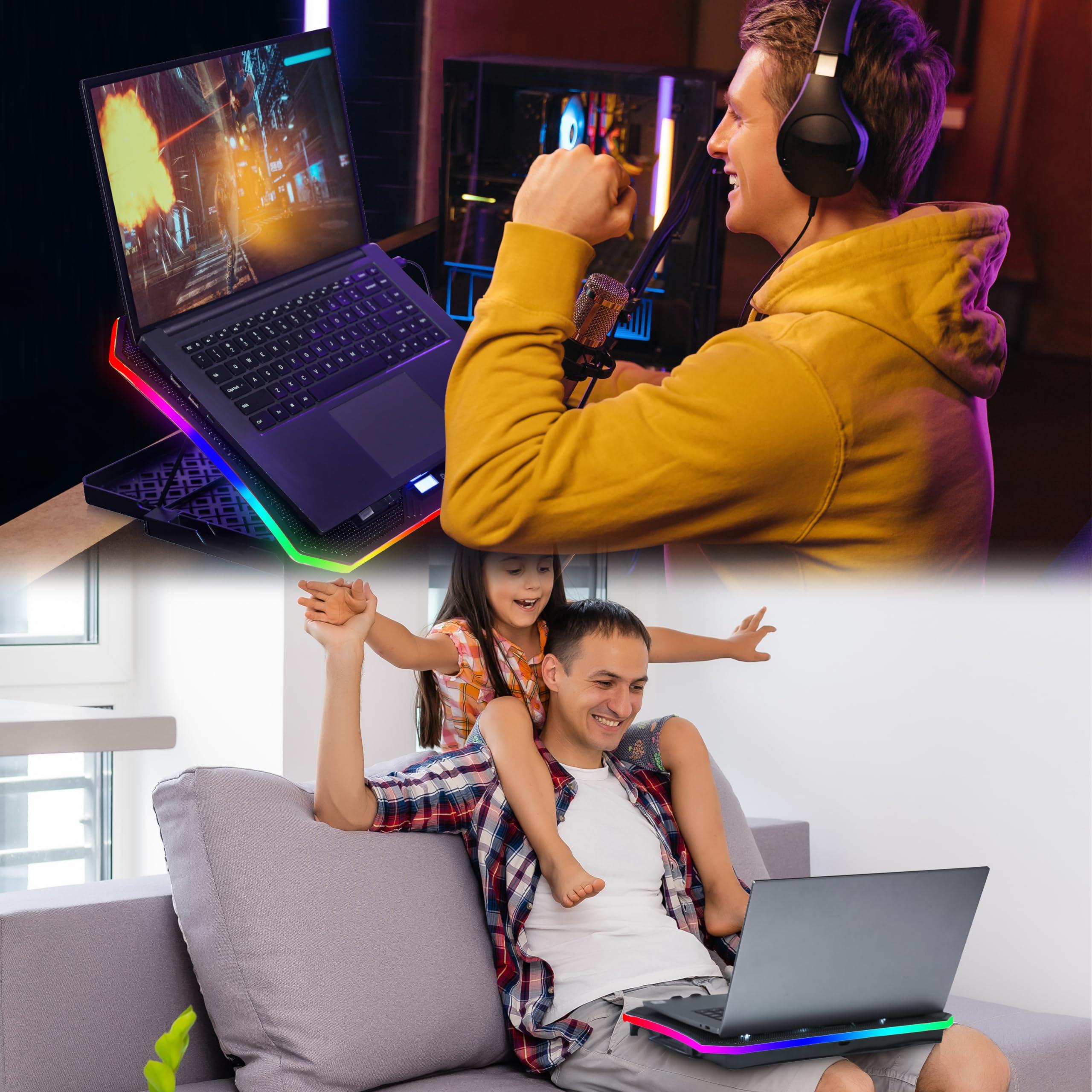 MOOJAY Laptop Cooling Pad RGB Gaming Notebook Cooler for Desk and Lap Use, MOOJAY Laptop Fan Stand 8 Adjustable Heights with 8 Quiet Fans and Phone Holder, for 15.6-17.3 Inch Laptops - Blue LED Light