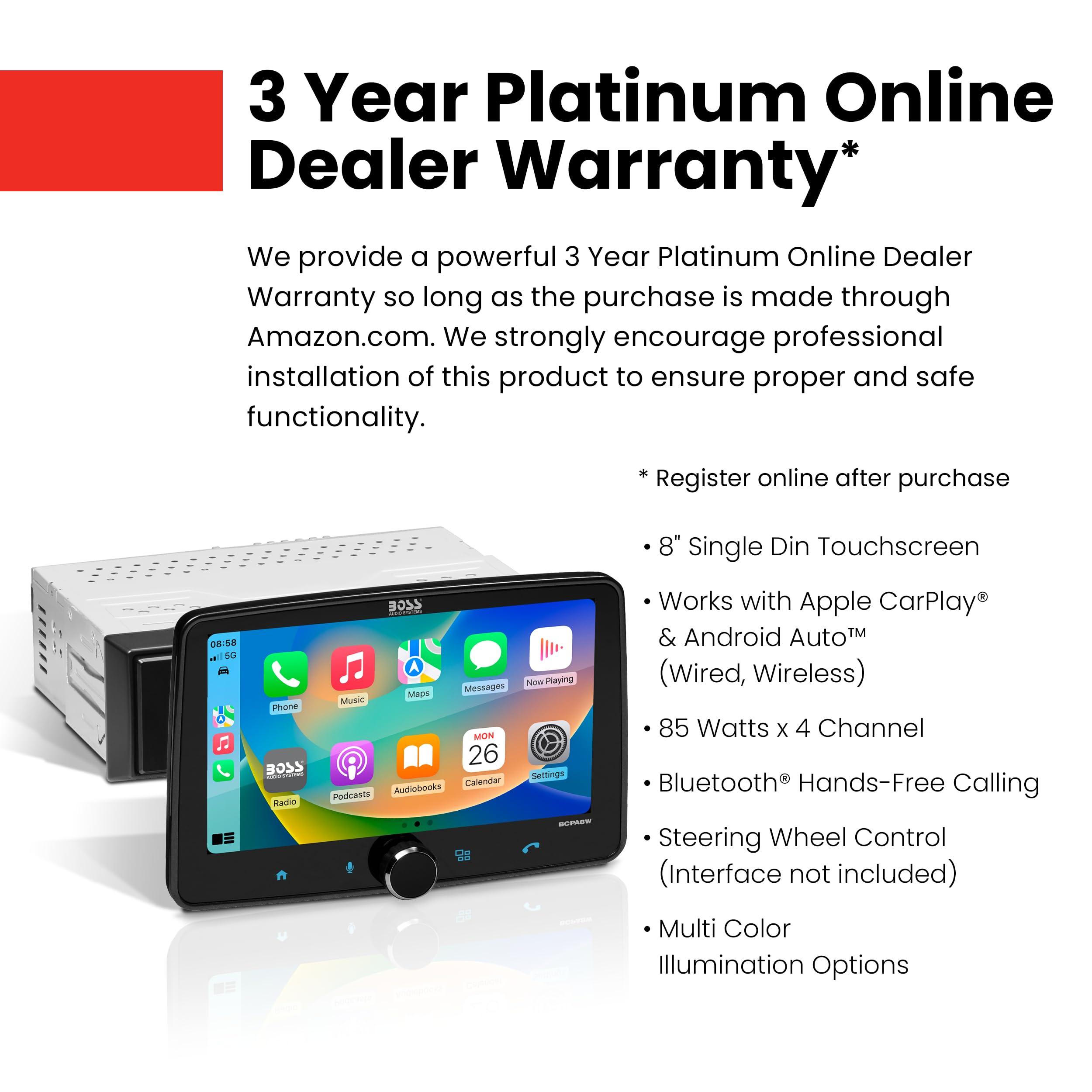 BOSS Audio Systems BOSS Audio Systems BCPA8W Car Stereo Wireless Apple CarPlay & Android Auto, Single Din, 8 Inch Touchscreen, Bluetooth, No CD DVD Player, AM/FM Radio Receiver