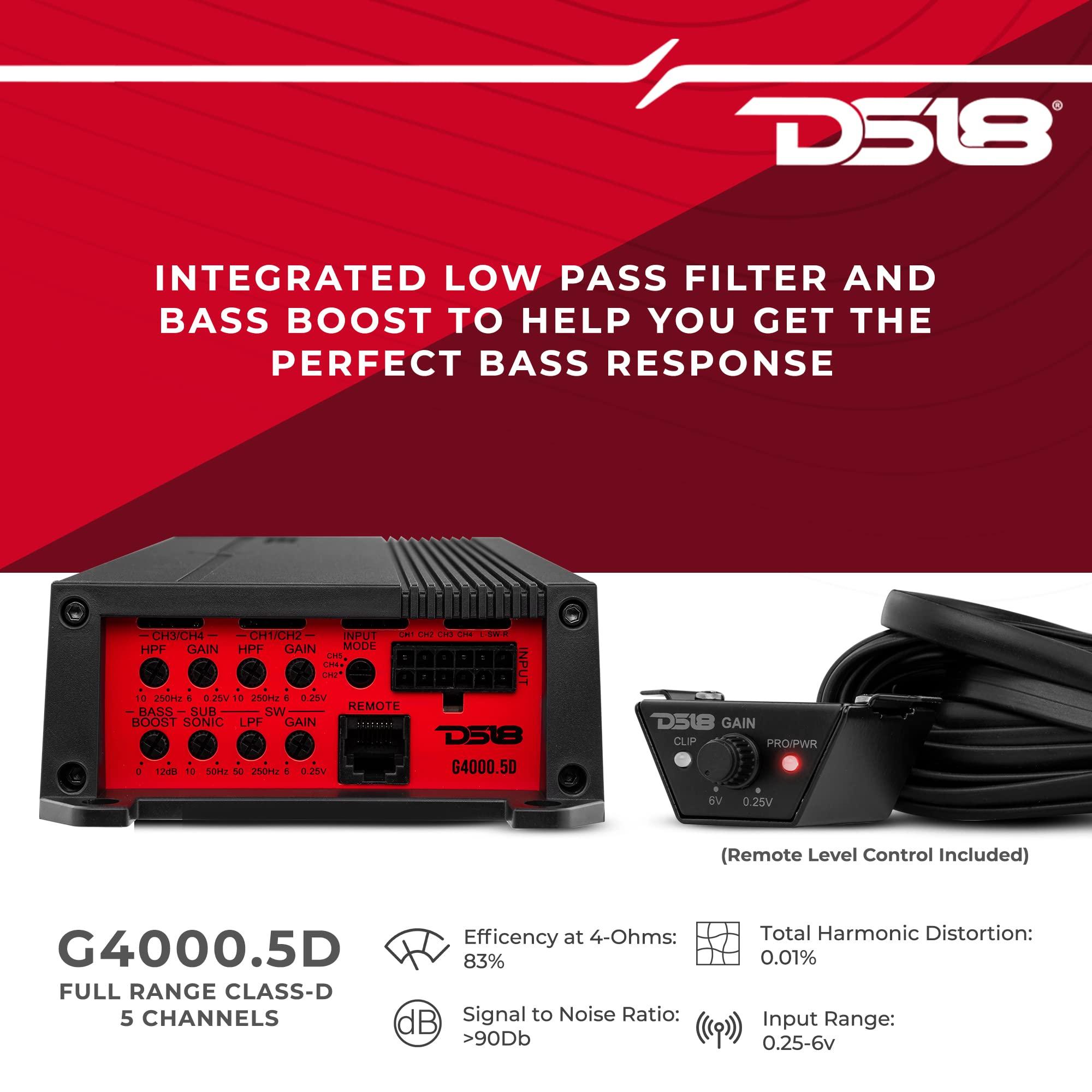 DS18 DS18 G4000.5D GEN-X Full-Range Class D 5-Channel Amplifier 4000 Watts Max Power 2/4 Ohm Stable, Bridgeable, High/Low Pass Filter - BASS Knob Included - Compact Amp for Speakers in Car Audio System