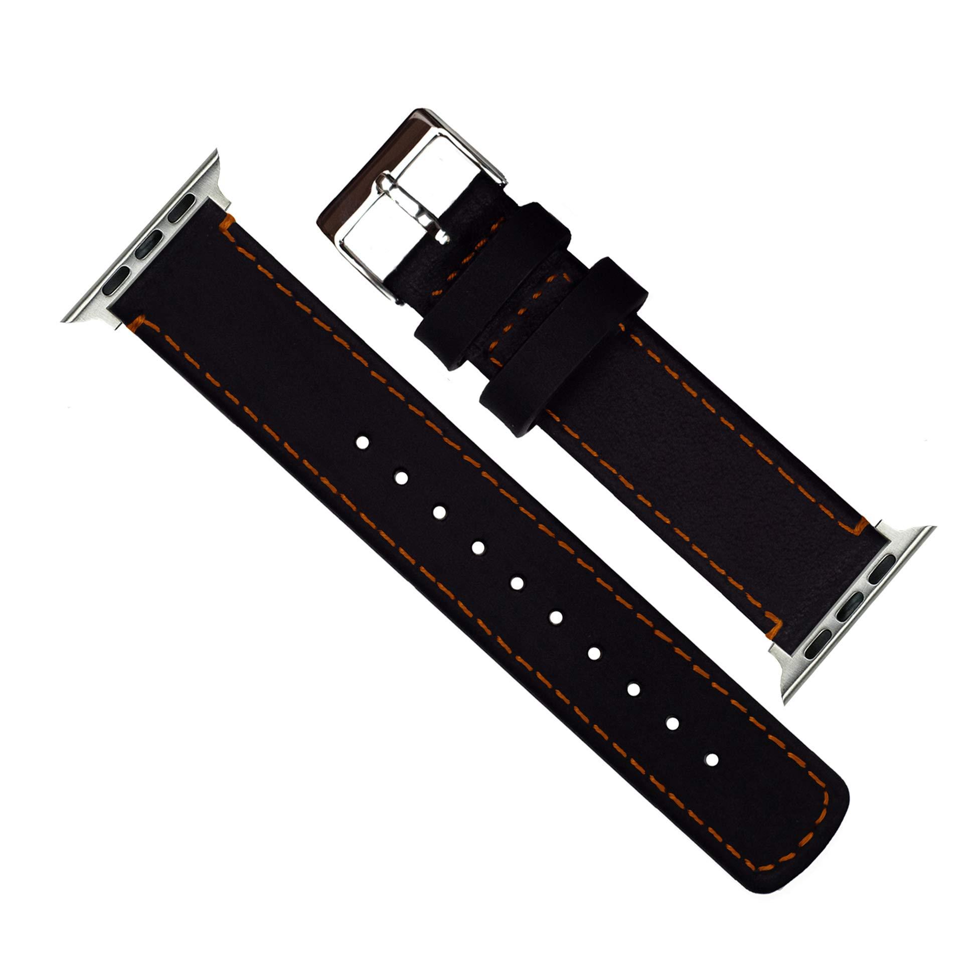 BARTON WATCH BANDS BARTON WATCH BANDS - Black Leather & Orange Stitching Top Grain Leather Watch Bands Compatible with Apple Watch Models - 1, 2, 3, 4, 5, 6, 7, 8, 9, 10, SE, Ultra & Ultra 2 - (42mm/44mm/45mm/49mm)