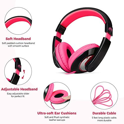 rockpapa rockpapa Comfort Kids Headphones for School, Lightweight Childrens Boys Girls Teens Over-Ear Headphones Wired 3.5mm for CD DVD Player Tablet Phone Travel Black/Pink