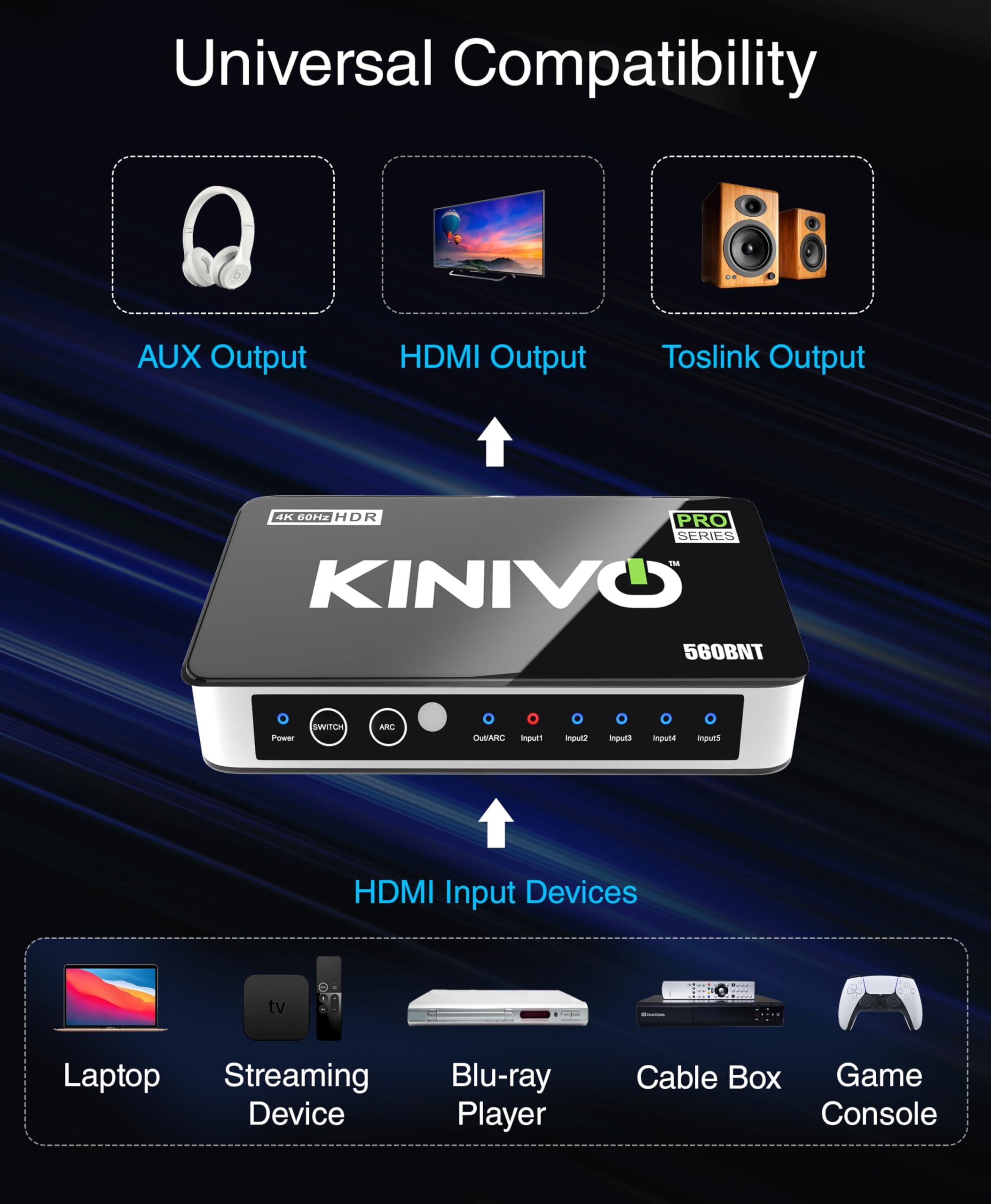 Kinivo Kinivo HDMI Switch with Audio Extractor 560BNT (5 in 1 Out Hub, Toslink Optical Audio Port, SPDIF, 4K 60Hz Switcher, 18Gbps, IR Remote) - Compatible with Gaming Console, Cable TV, PC, Dolby Digital