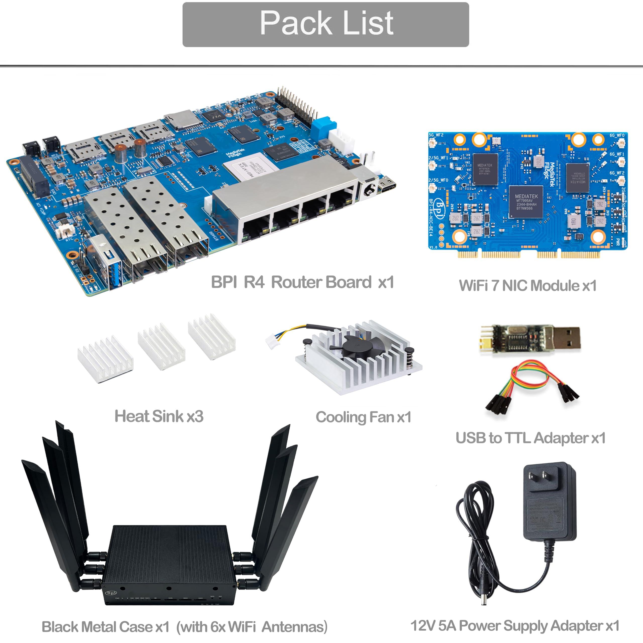 WayPonDEV Banana Pi BPI-R4 WiFi 7 Wireless Dual-Band WiFi Router Board OpenWRT, with MediaTek MT7988A (Filogic 880) SoC, Support 2X 10GbE SFP and 4X GbE Gigabit Ethernet for NAS Smart Home Gateway (Bundle3)