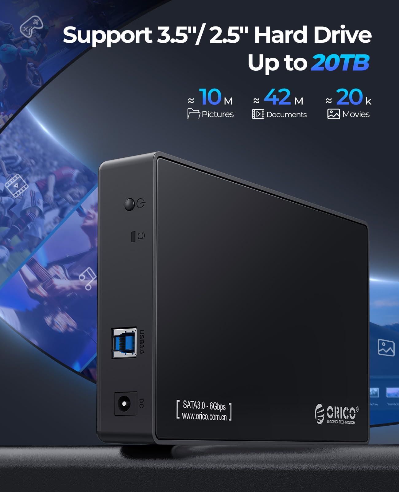 ORICO ORICO USB 3.0 External Hard Drive Enclosure for 3.5/2.5 Inch SATA Hard Drives/SSD Up to 20 TB, 3.5 Inch Hard Drive Case Protective Box