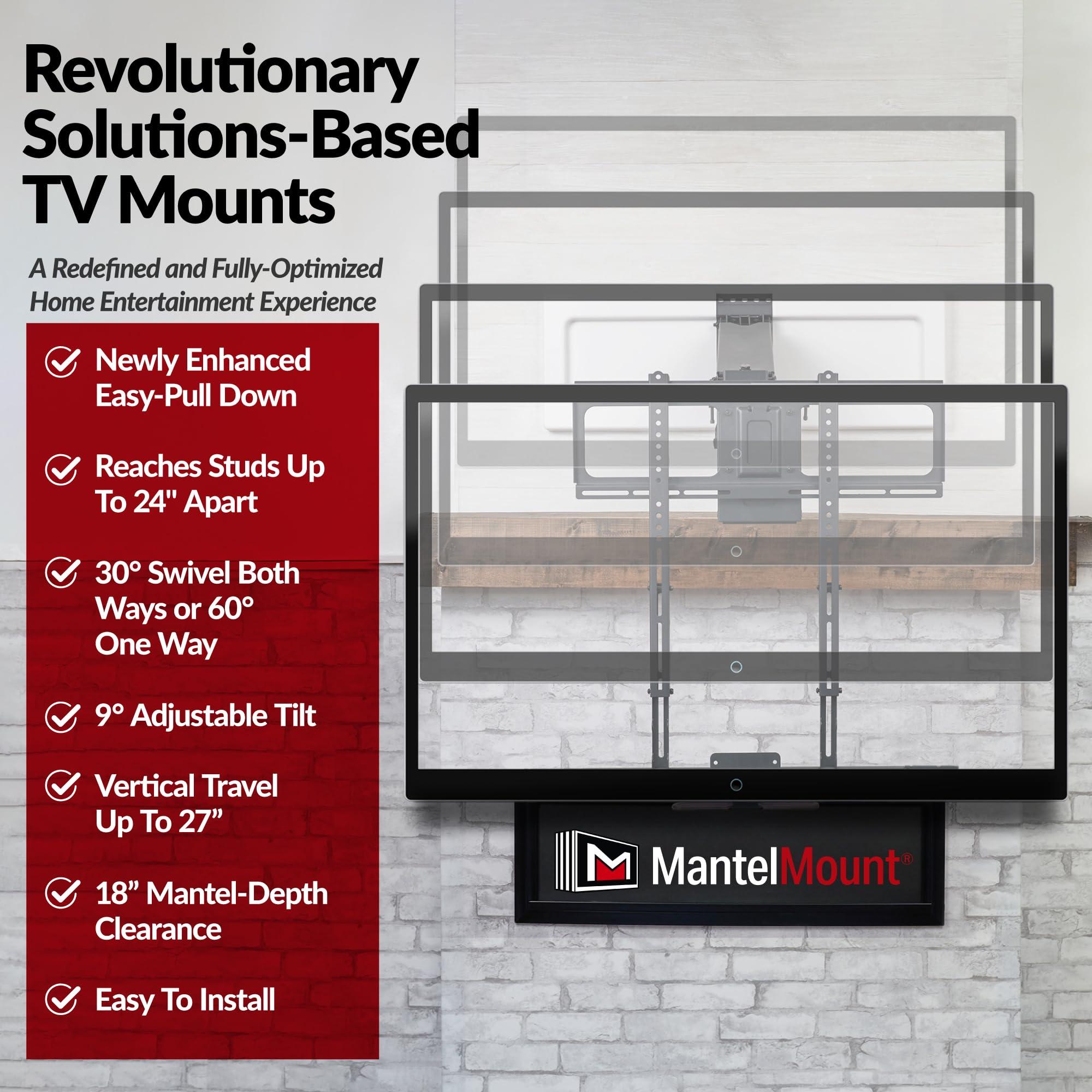 MantelMount MantelMount MM540 - Above Fireplace Pull Down TV Mount for 40" to 80" Screen TVs to 90 lbs, with Patented auto-straightening, Adjustable Stops, Heat Sensor Handles & Paintable Covers