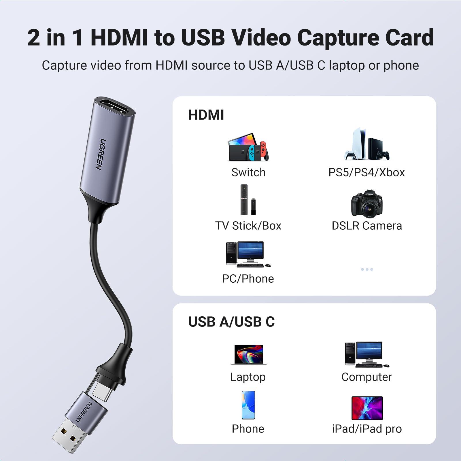 UGREEN UGREEN Full HD 1080P Video Capture Card 4K HDMI to USB-A/USB-C HDMI Capture Card USB 2.0 Capture Video and Audio Recording for Gaming, Streaming, Teaching, Video Conference