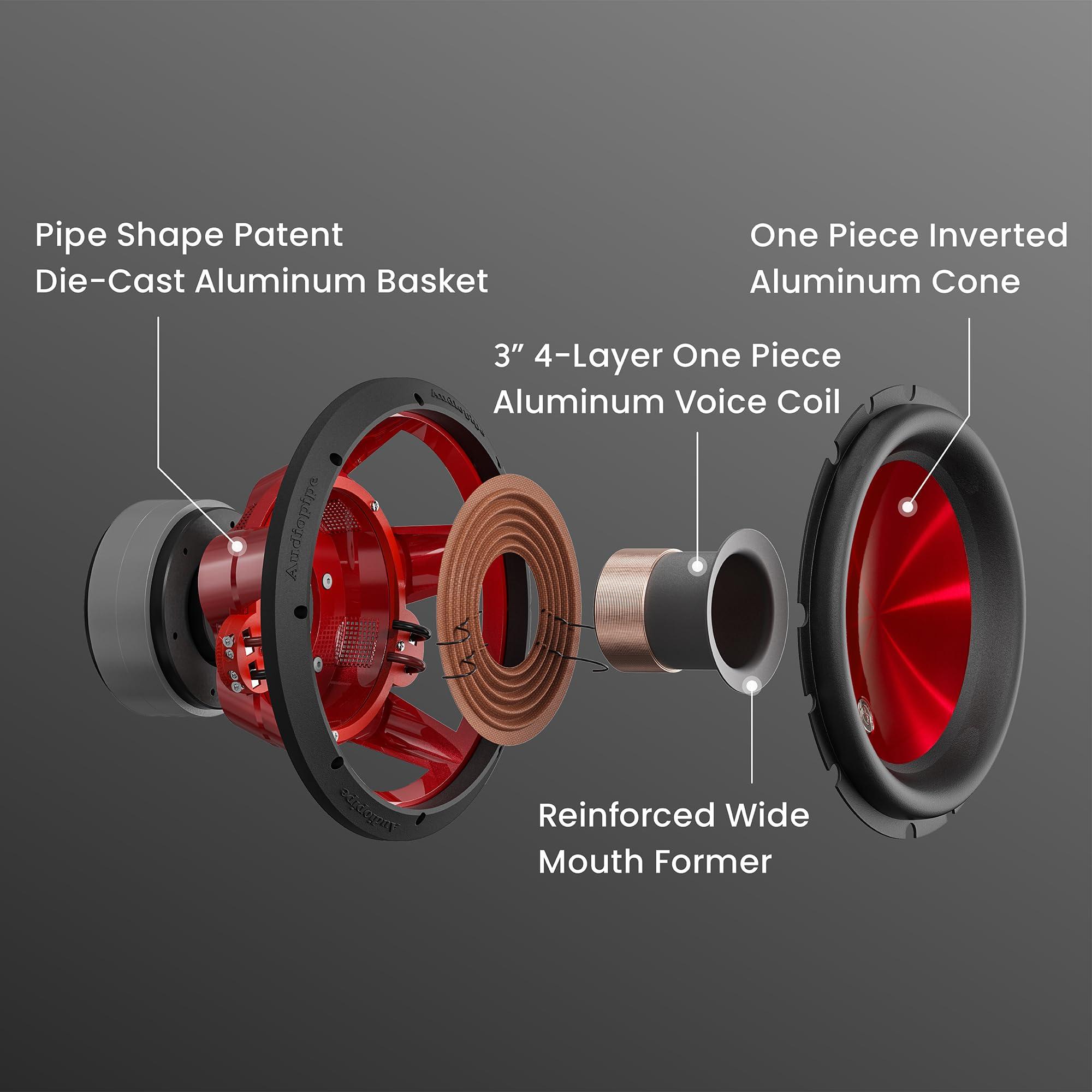 Audiopipe Audiopipe 12" Eye Candy Aluminum Cone Subwoofer (TXX-APD-12RD), Superior Performance, 1600 Watts, 120 Oz Magnet, BASV Voice Coil, Aluminum Basket, Sleek Candy Red, Multi-Connect Terminals