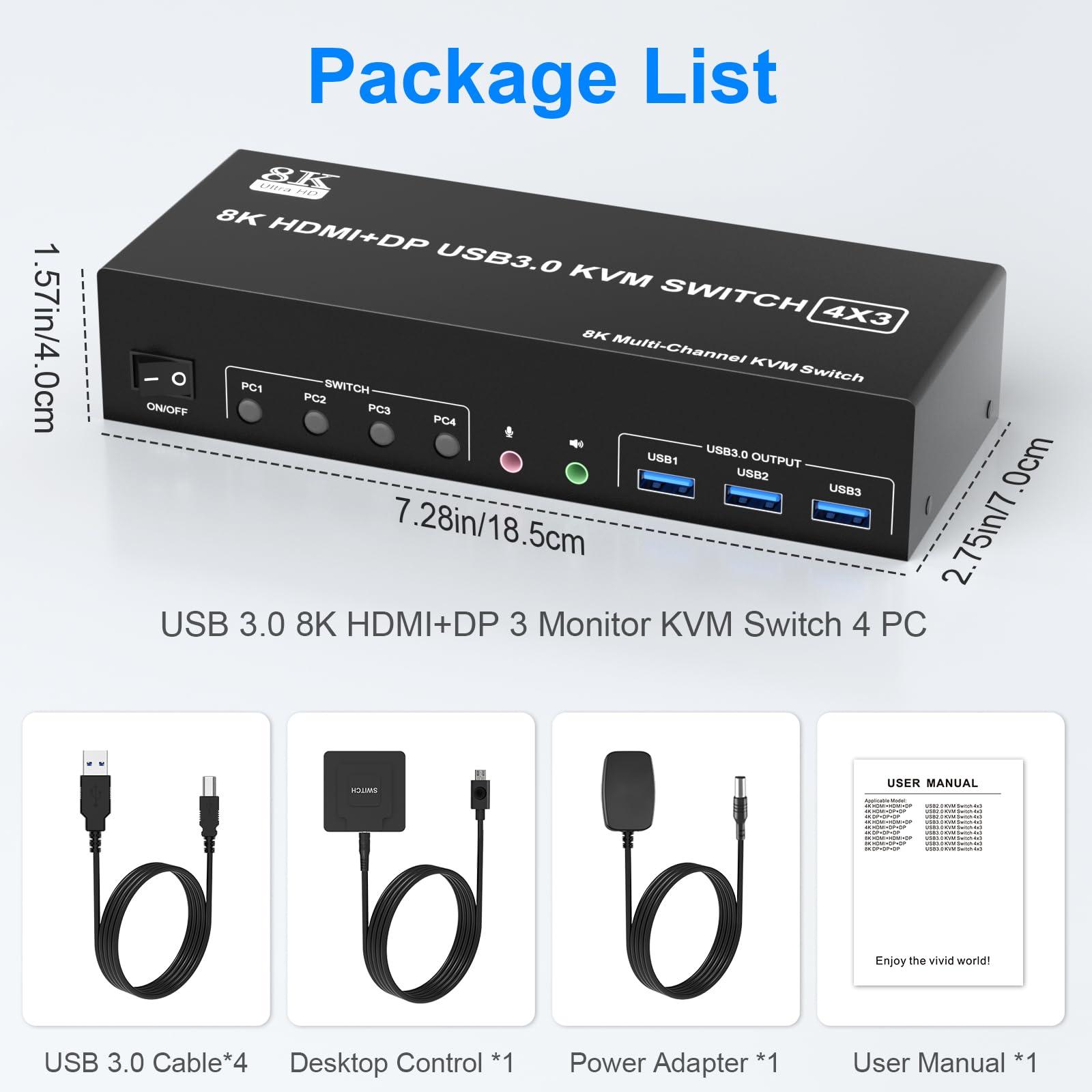 Rytaki Pro KVM Switch 3 Monitors 4 Computers 8K@60Hz 4K@144Hz, 2 HDMI+1 Displayport KVM Switch Triple Monitor for 4 Computer Share 3 Monitor and 3 USB3.0 Port Keyboard Mouse, Support Extended and Copy Mode